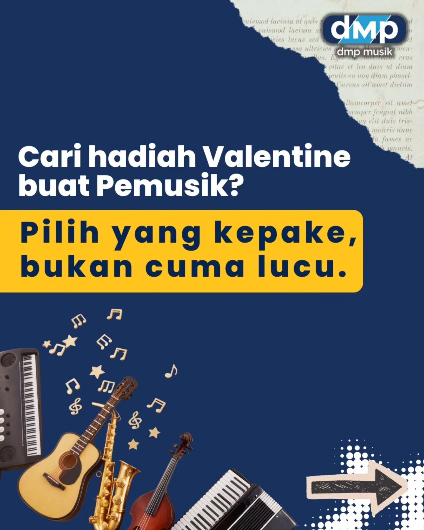 hari valentine sebentar lagi, bosen dengan hadiah yang itu-itu aja?! kalau orang tersayangmu hobi bermusik, kamu bisa coba hadiah yang nggak umum dan lebih bermakna!

Datang ke DMP Musik, siapa tau ketemu produk yang udah diincer lama sama orang ters