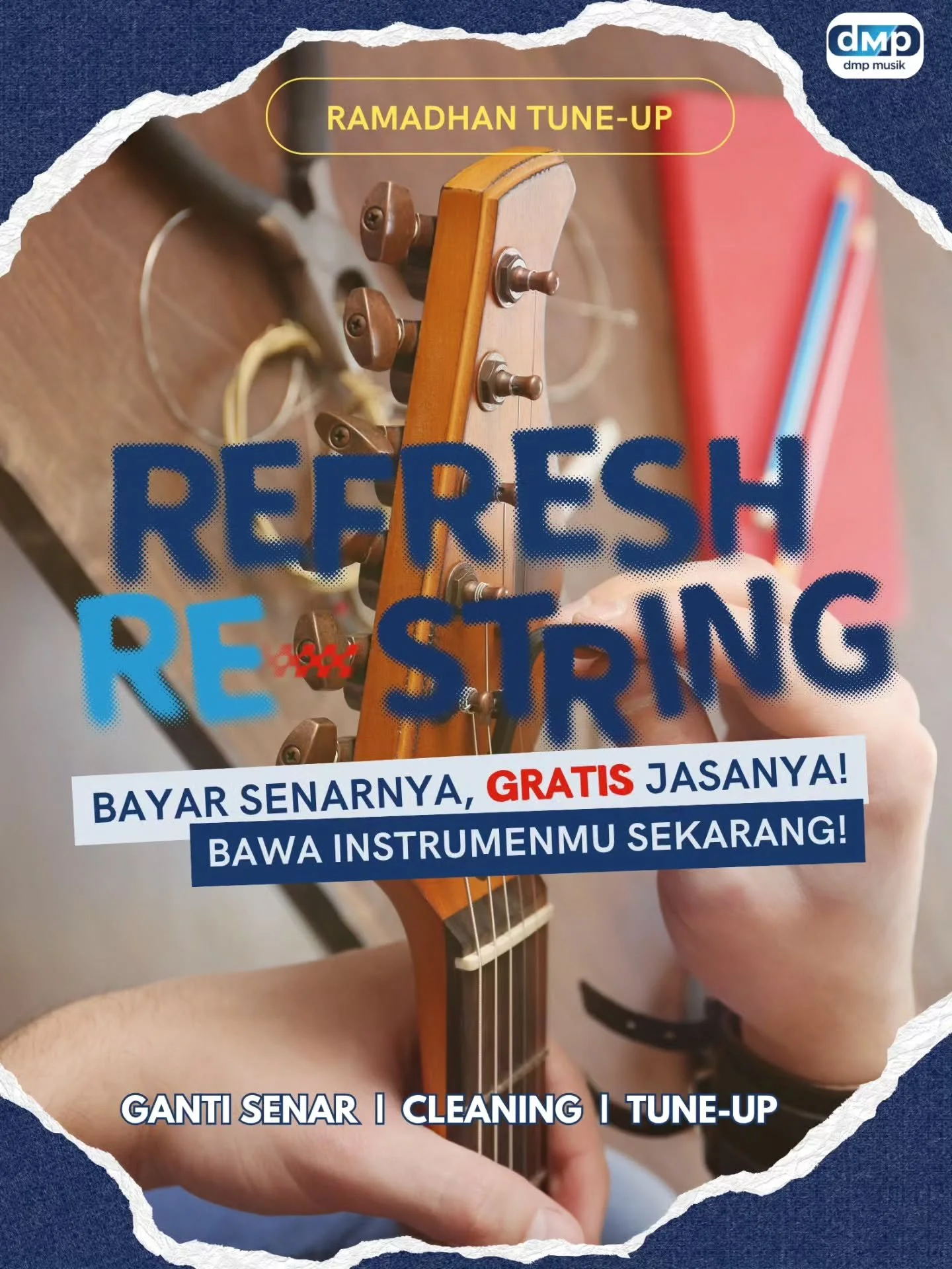Selama di bulan suci ini, ada "Ramadhan Tune-Up" di DMP Musik. Kita bantu bikin instrumen kamu glowing lagi secara GRATIS!

Gimana caranya?
✅ Bawa instrumen kesayanganmu ke toko.
✅ Beli senar favoritmu di sini.
✅ Tim kami bakal pasangin sen