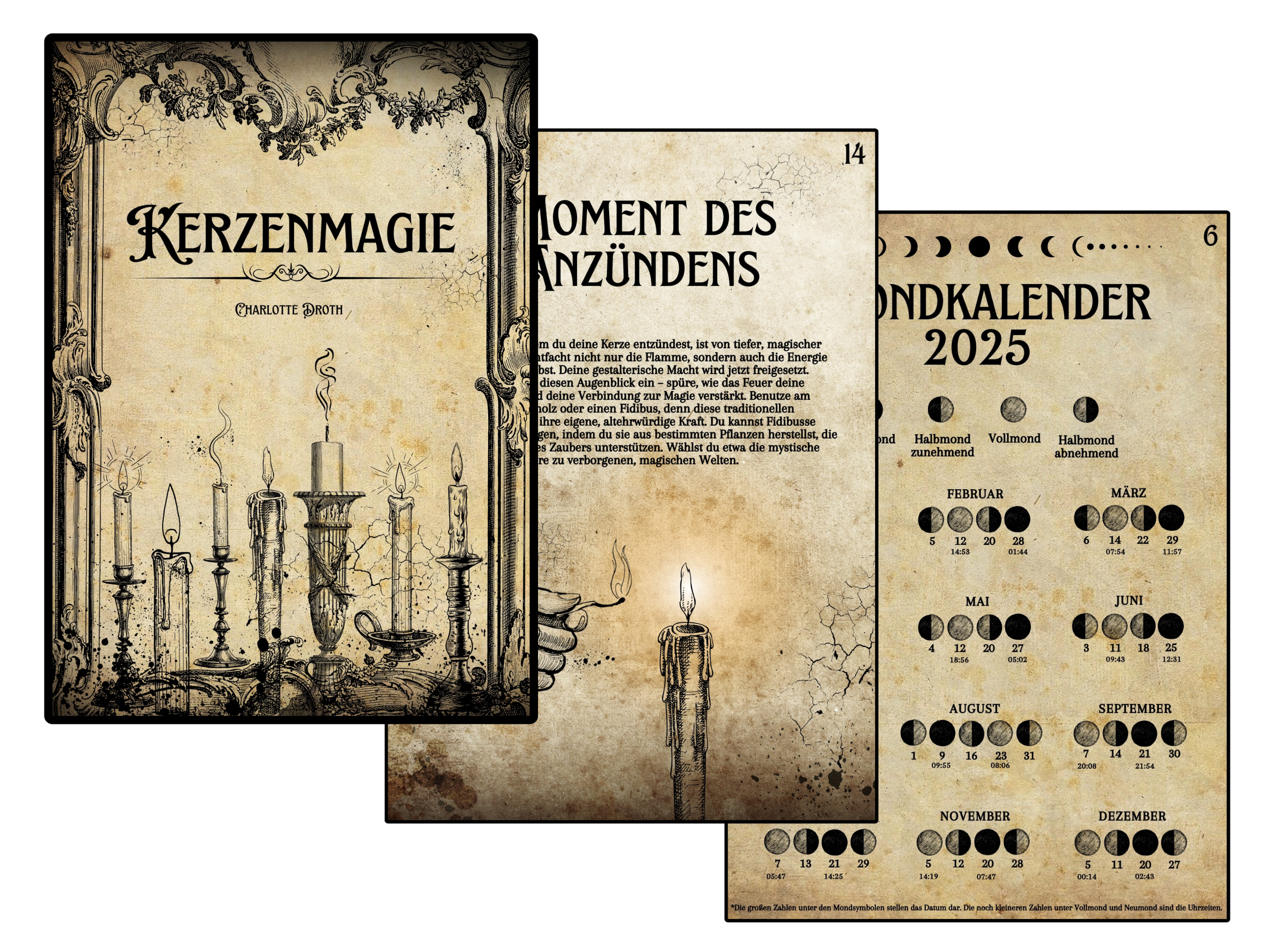 Ein Kalender für das Jahr 2025 mit Mondphasen und einem Tarot-Kartenset, das Kerzenmagie beschreibt. Die Seite zeigt Mondphasen für jeden Monat, mit Symbole für zunehmenden, Vollmond und abnehmenden Mond.