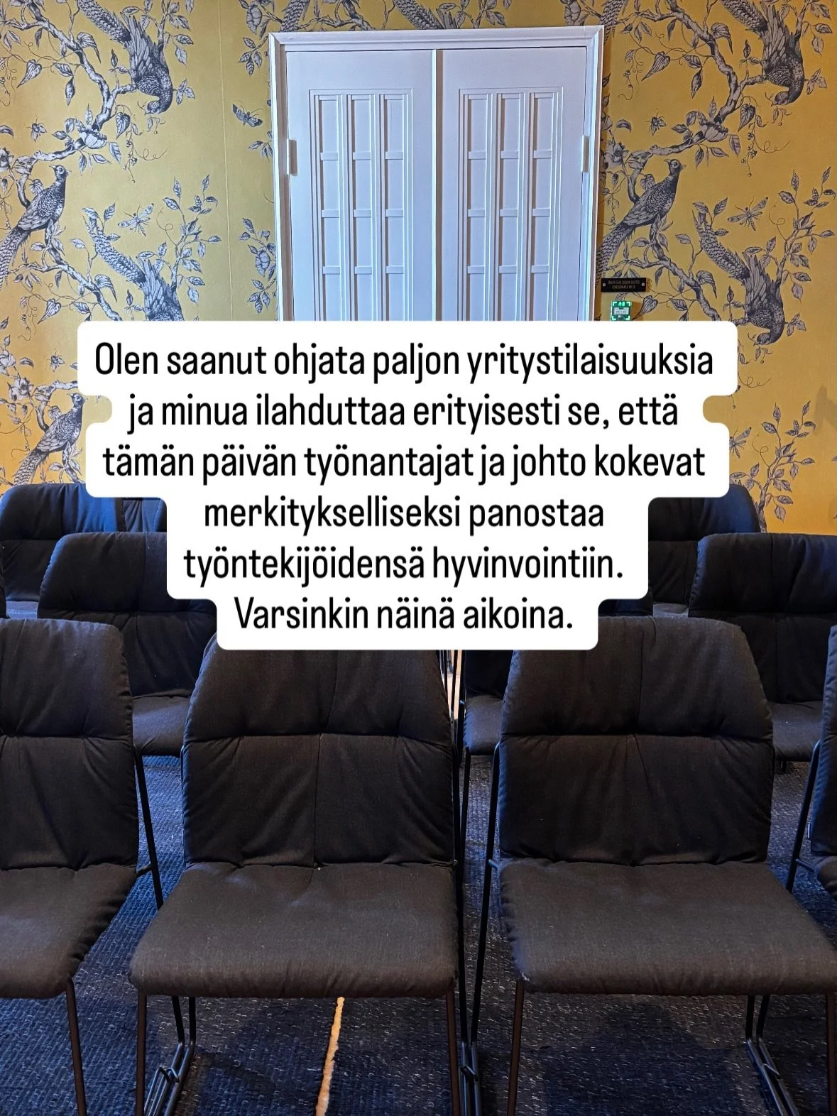 Olen saanut ohjata paljon yritystilaisuuksia ja minua ilahduttaa erityisesti se, ett&auml; t&auml;m&auml;n p&auml;iv&auml;n ty&ouml;nantajat ja johto kokevat merkitykselliseksi panostaa ty&ouml;ntekij&ouml;idens&auml; hyvinvointiin. Varsinkin n&auml;