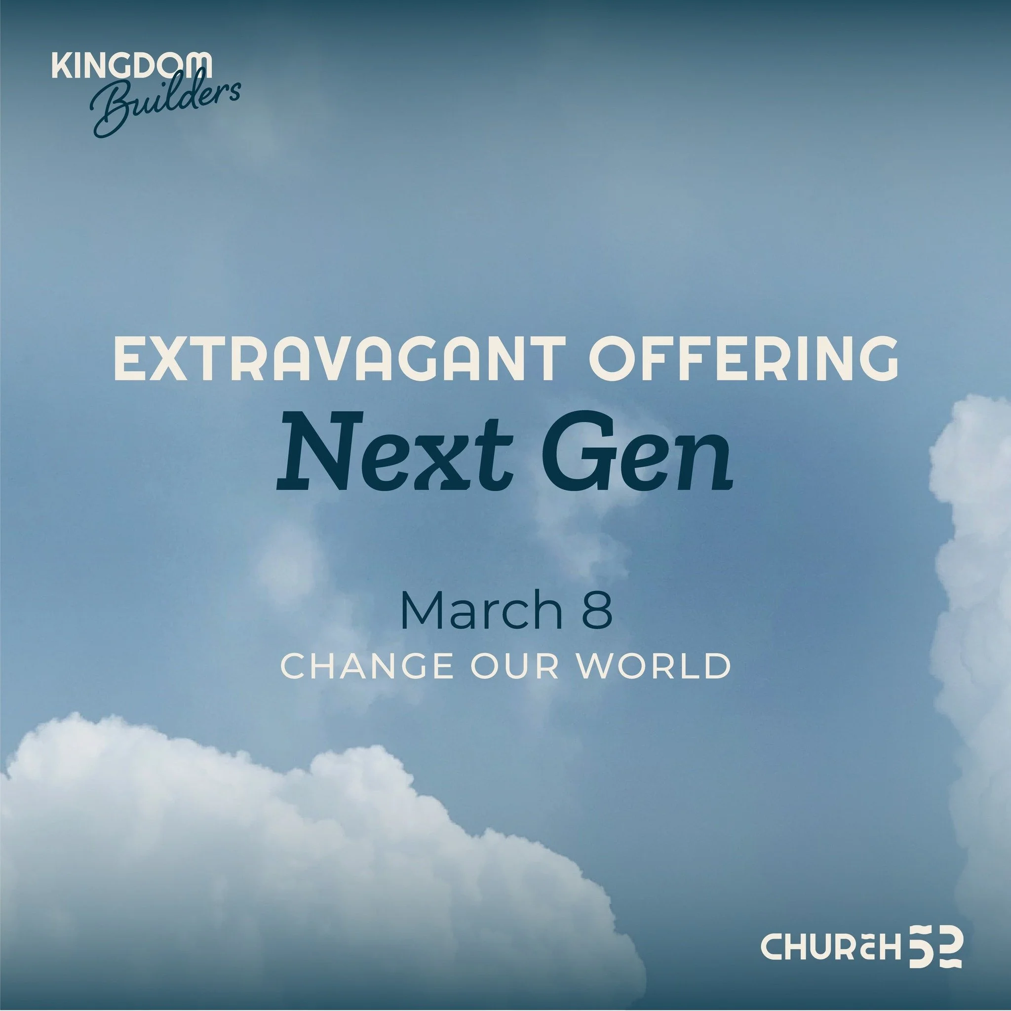 We&rsquo;re kicking off our year of Kingdom Builders giving with an Extravagant Offering for Next Gen on Sunday, March 8th! Kingdom Builders supports the next generation&mdash;from birth through young adulthood&mdash;by partnering with ministries tha