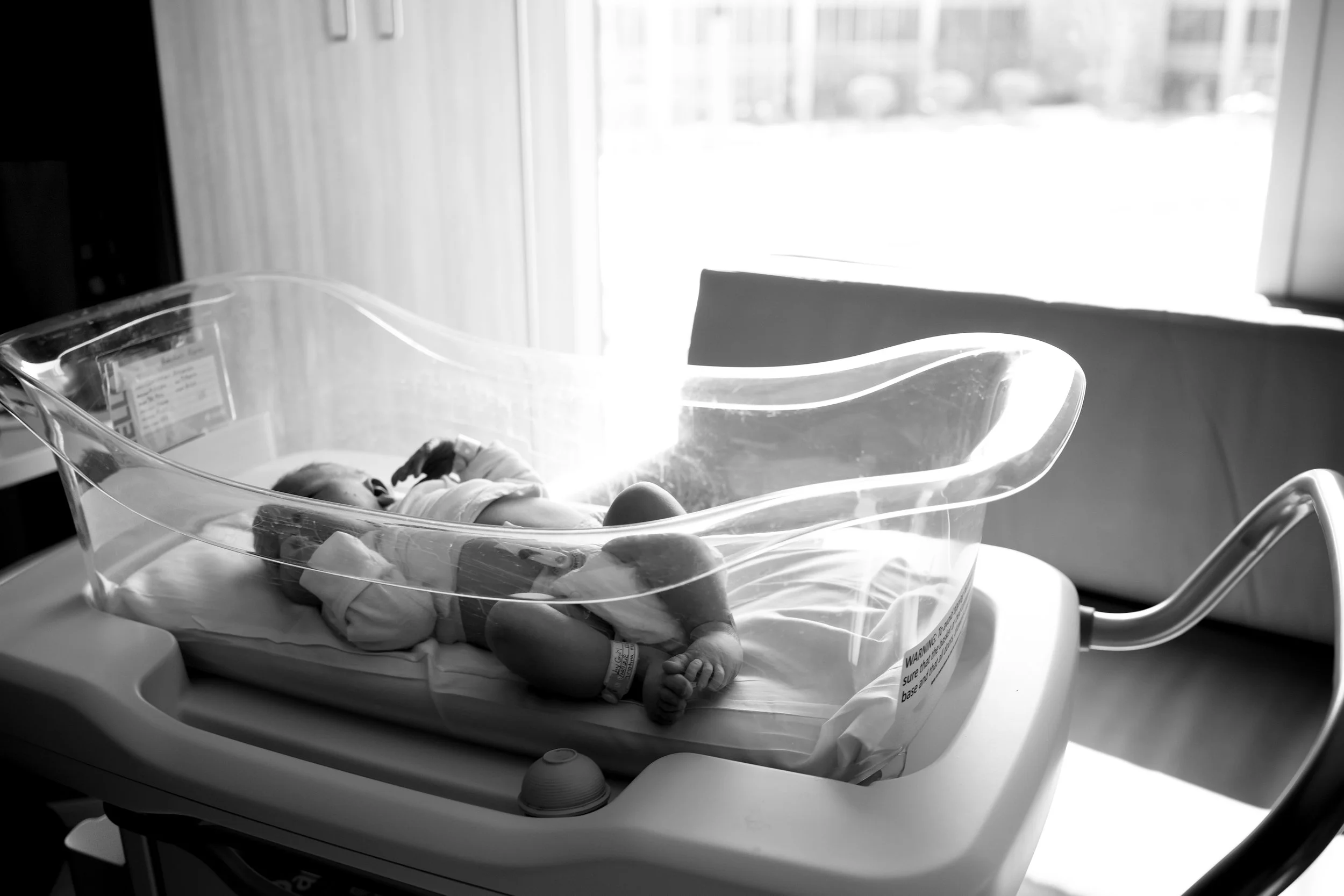 A newborn baby lying in a bassinet in a hospital room with bright sunlight streaming in through the window.