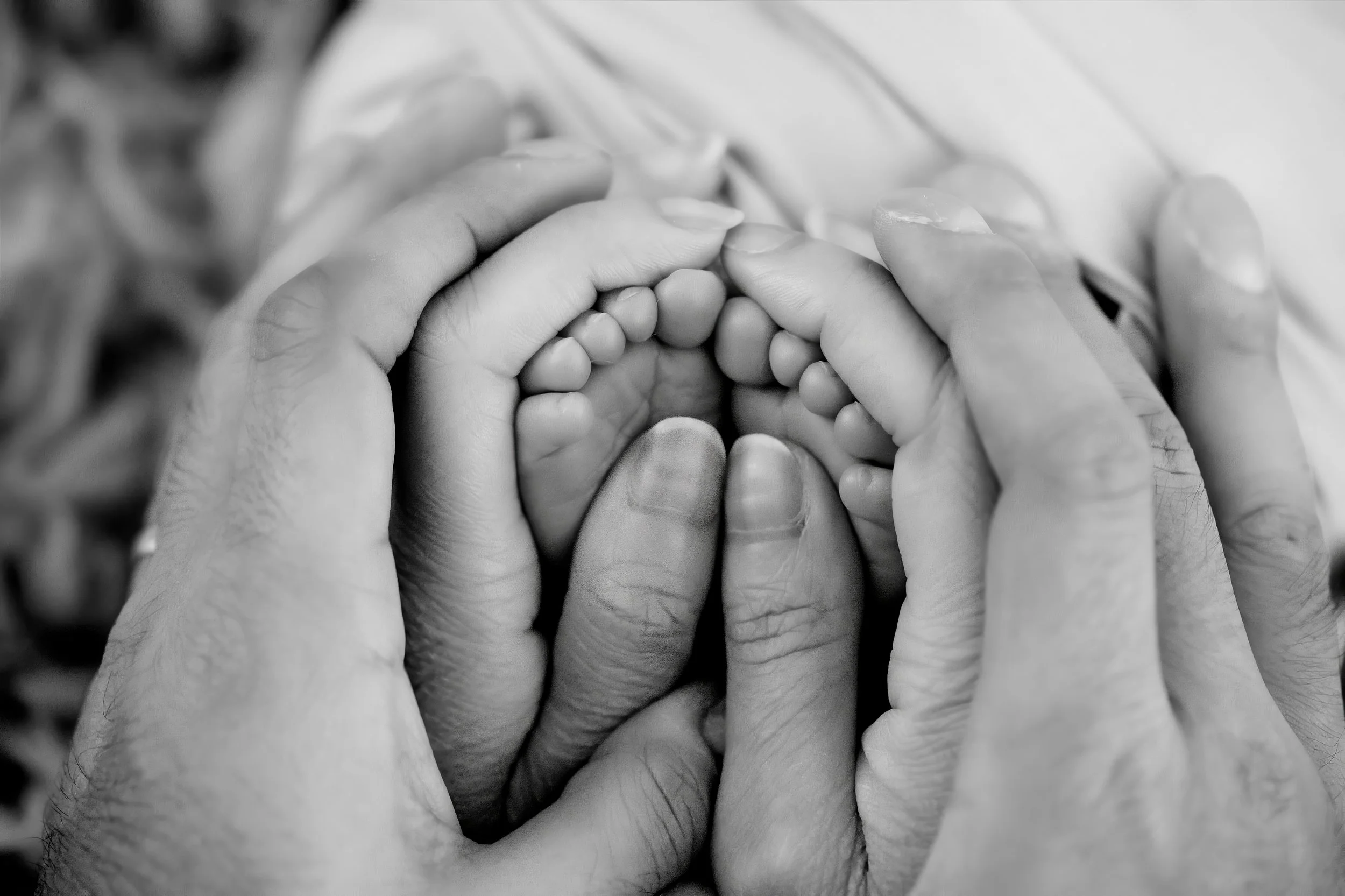 Close-up of an adult's hands gently holding a baby's tiny feet.