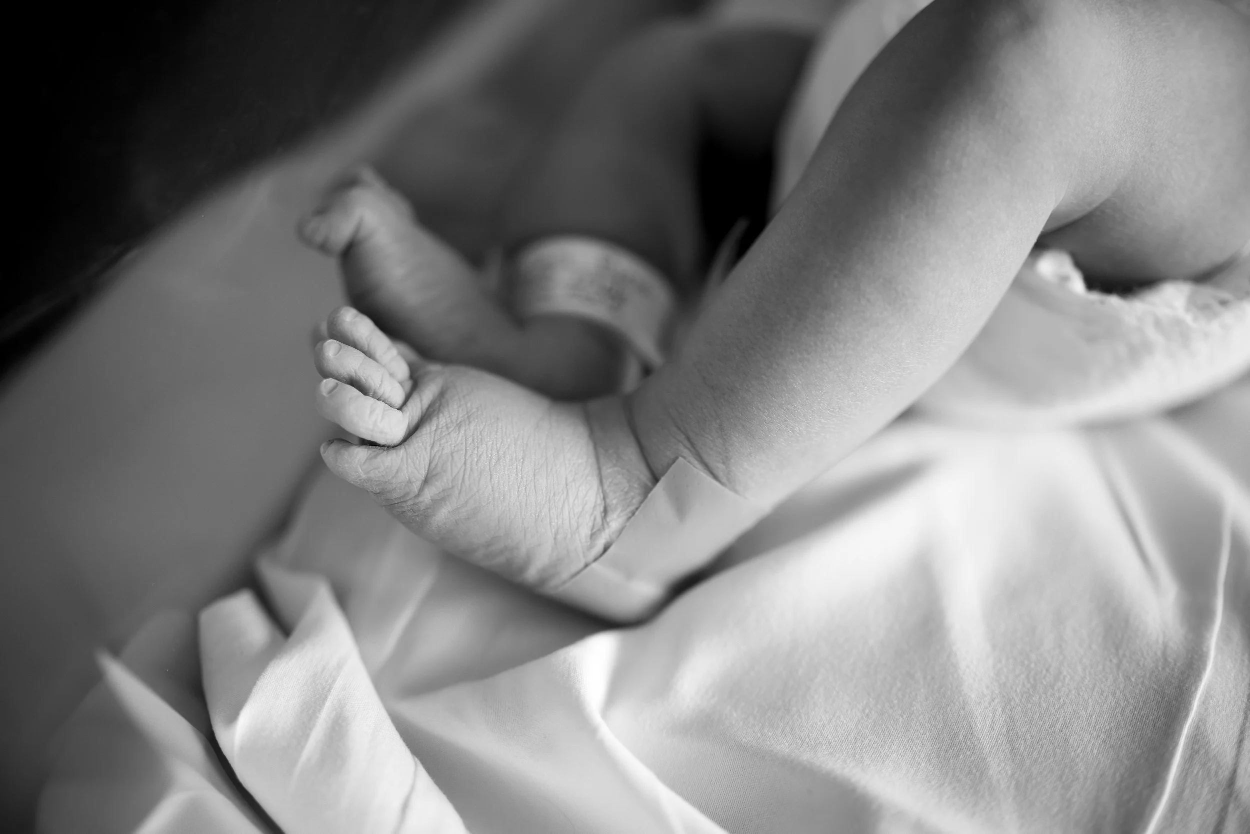 Black and white close-up of a newborn baby's legs and feet, with soft fabric in the background.