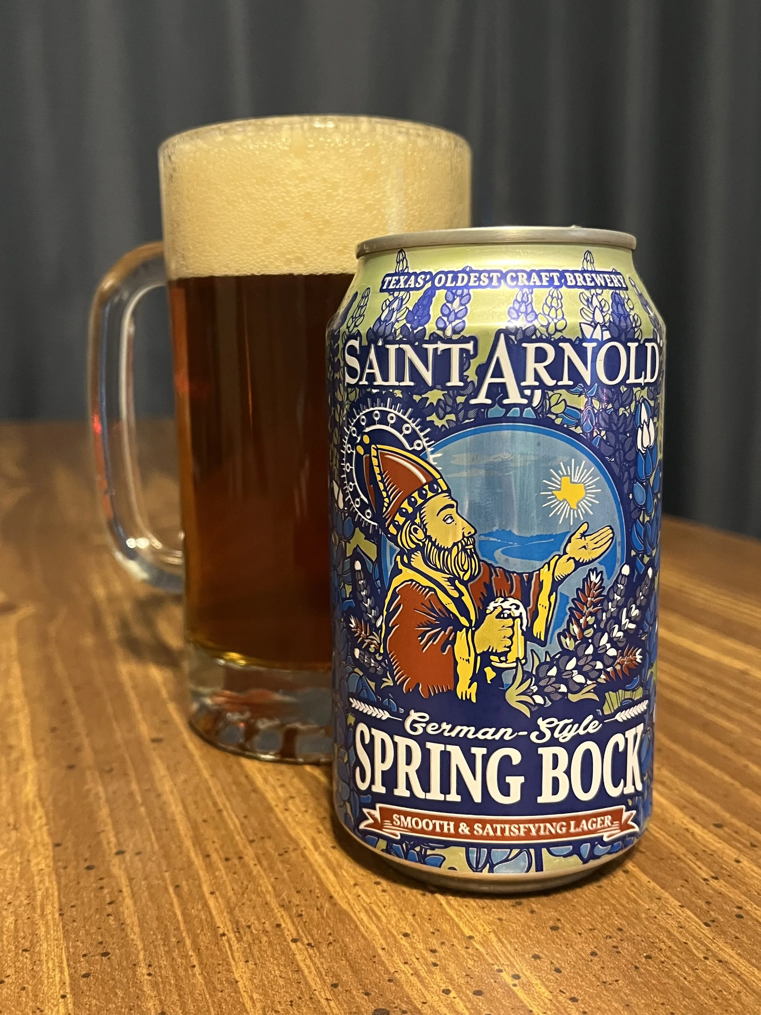 beer stein next to Saint Arnold's Spring Bock beer can