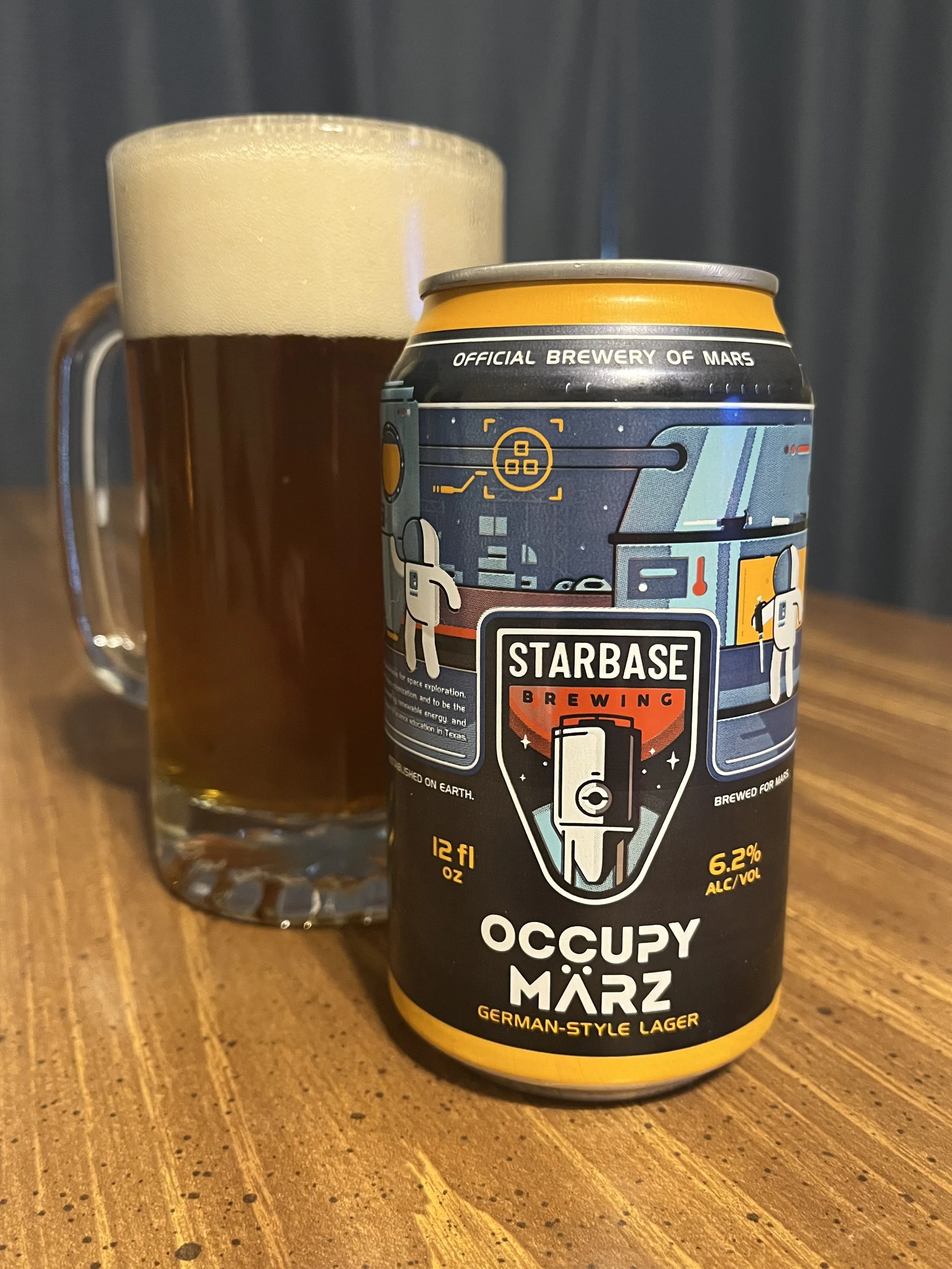 beer stein next to Starbase Brewing beer can