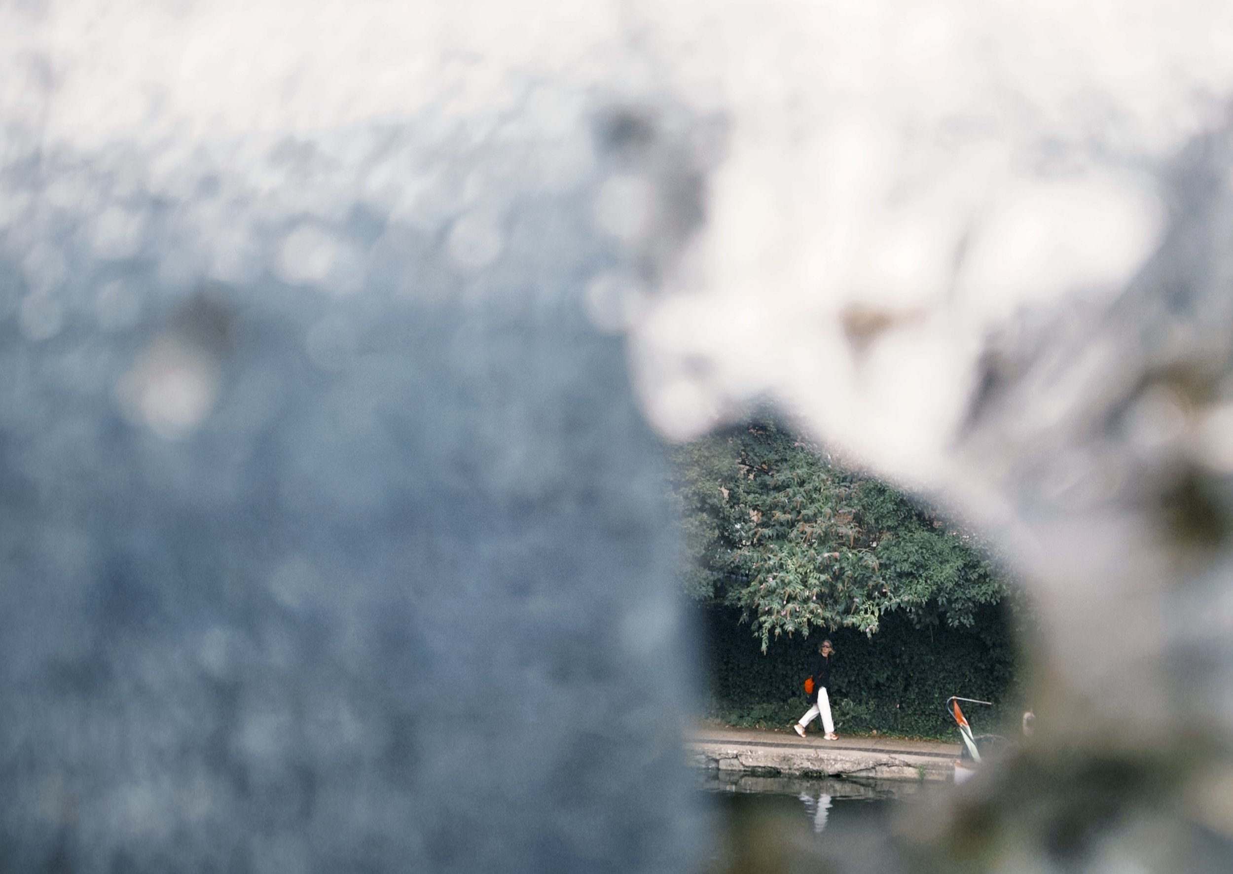 View through a blurry glass window showing a person walking near trees and a street with some safety cones and a sign.