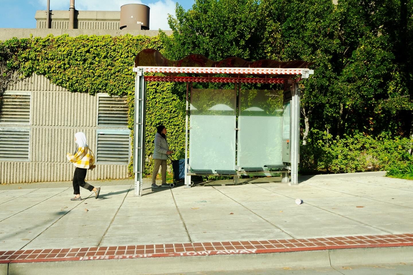 A bus stop shelter with glass panels on a city sidewalk. There are two women near the shelter, one walking and one standing. A discarded paper cup lies on the ground. Background includes a green leafy hedge and a concrete building.