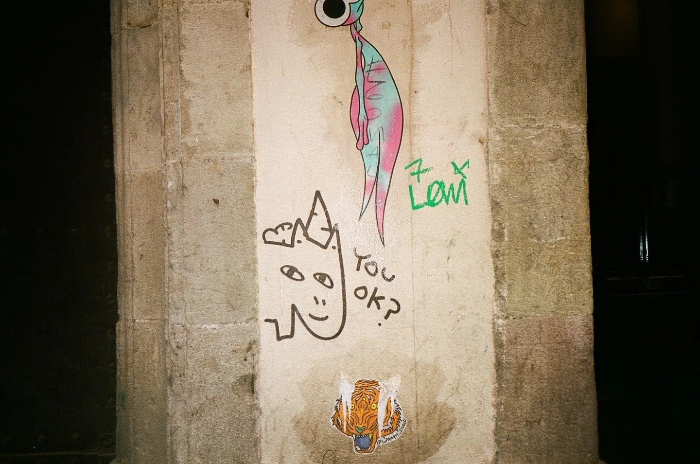 Street wall with graffiti art including a colorful mermaid, a cartoon face with a tongue sticking out saying 'You OK?', a tiger head, and the green text '7 Land'.