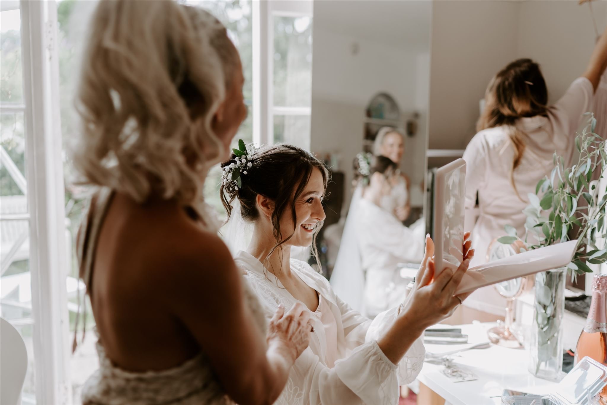 Documentary wedding photographs bride looking in mirror Leicester wedding 