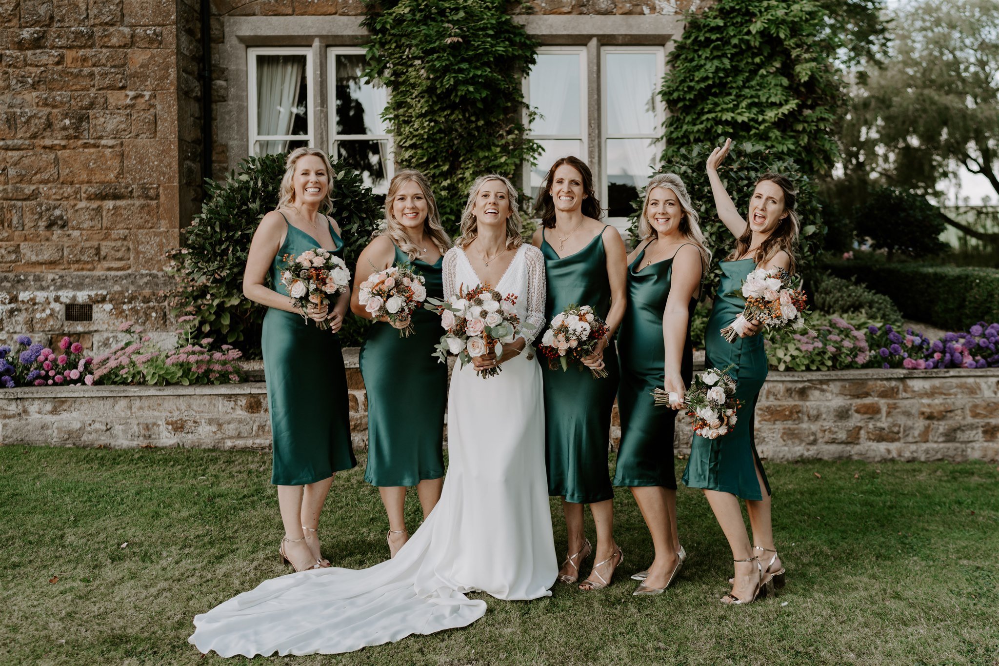 green satin bridesmaid dresses Rutland marquee wedding 