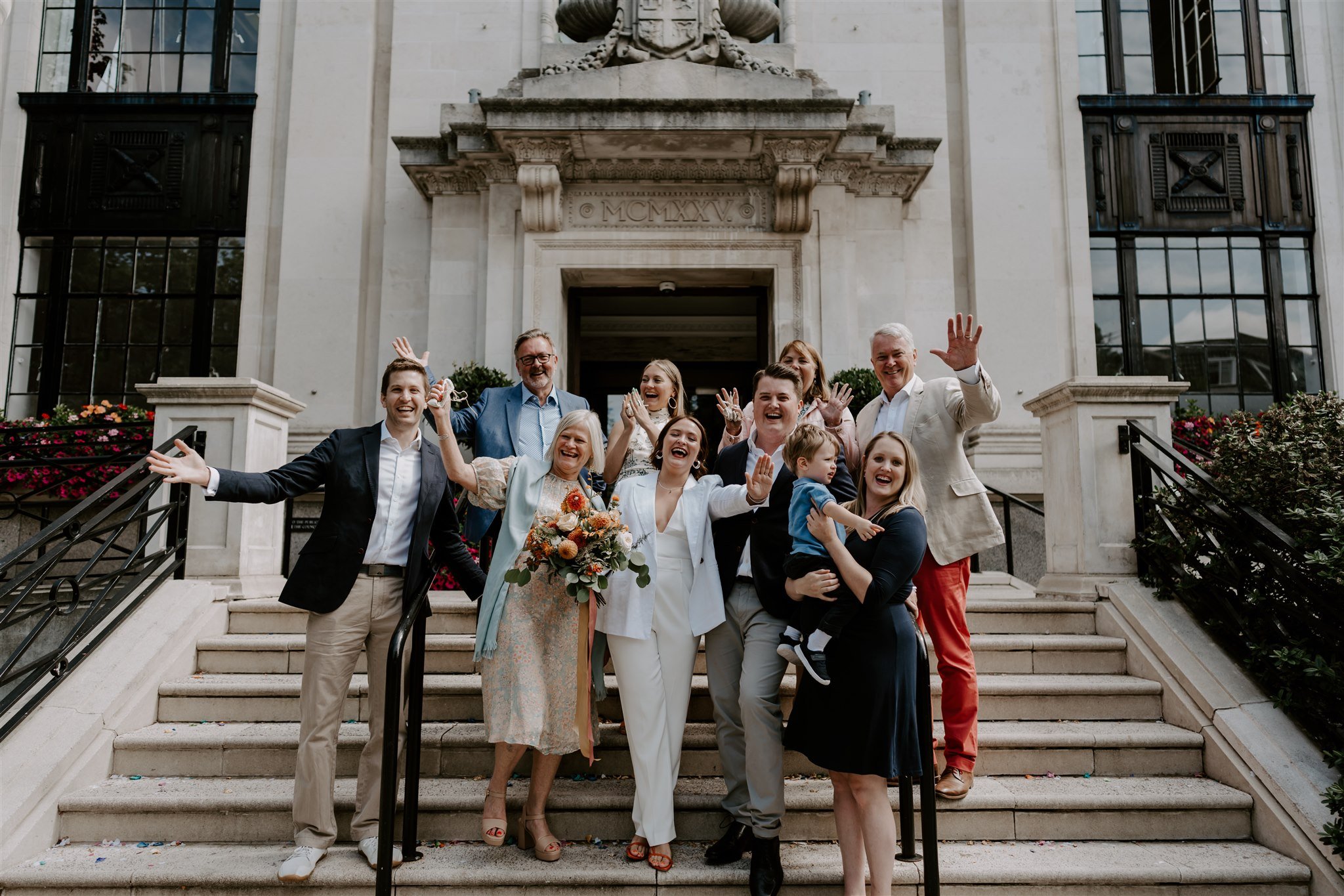 Islington Town Hall wedding group photo stairs 