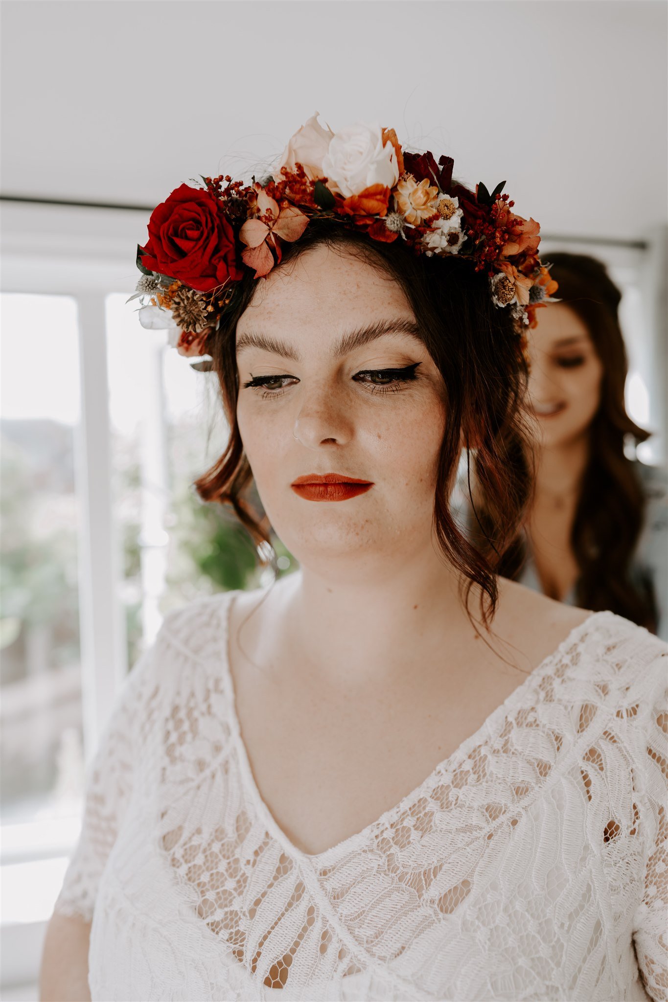 dried red floral crown cool city wedding Nottingham