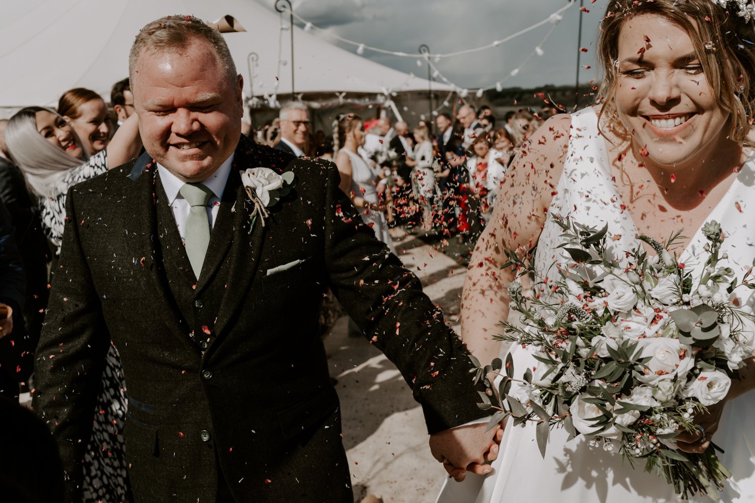 wedding confetti thrown bride groom Halfmoon Farm wedding Hambleton