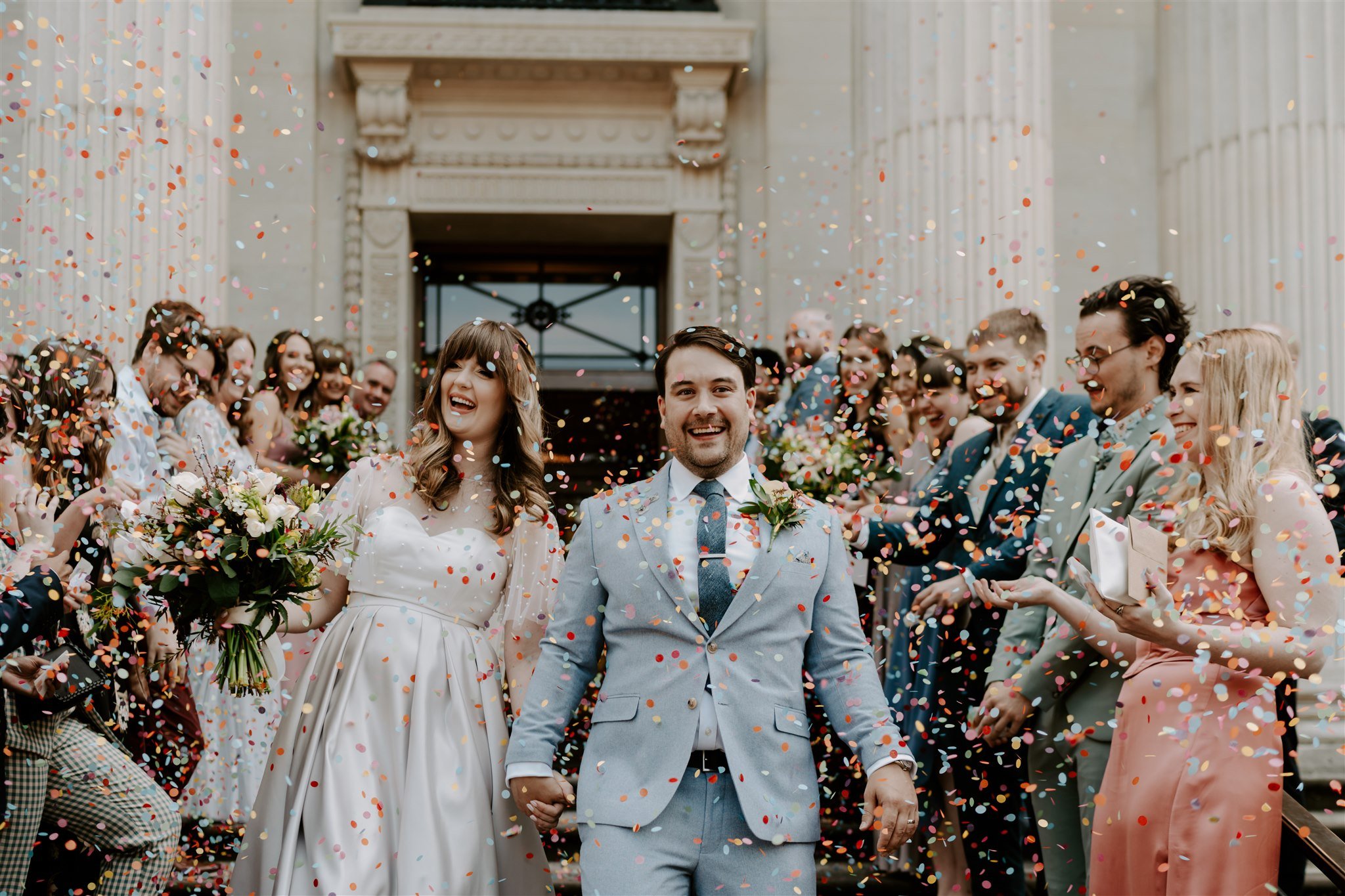 colourful confetti Old marylebone town Hall Pizza party wedding London