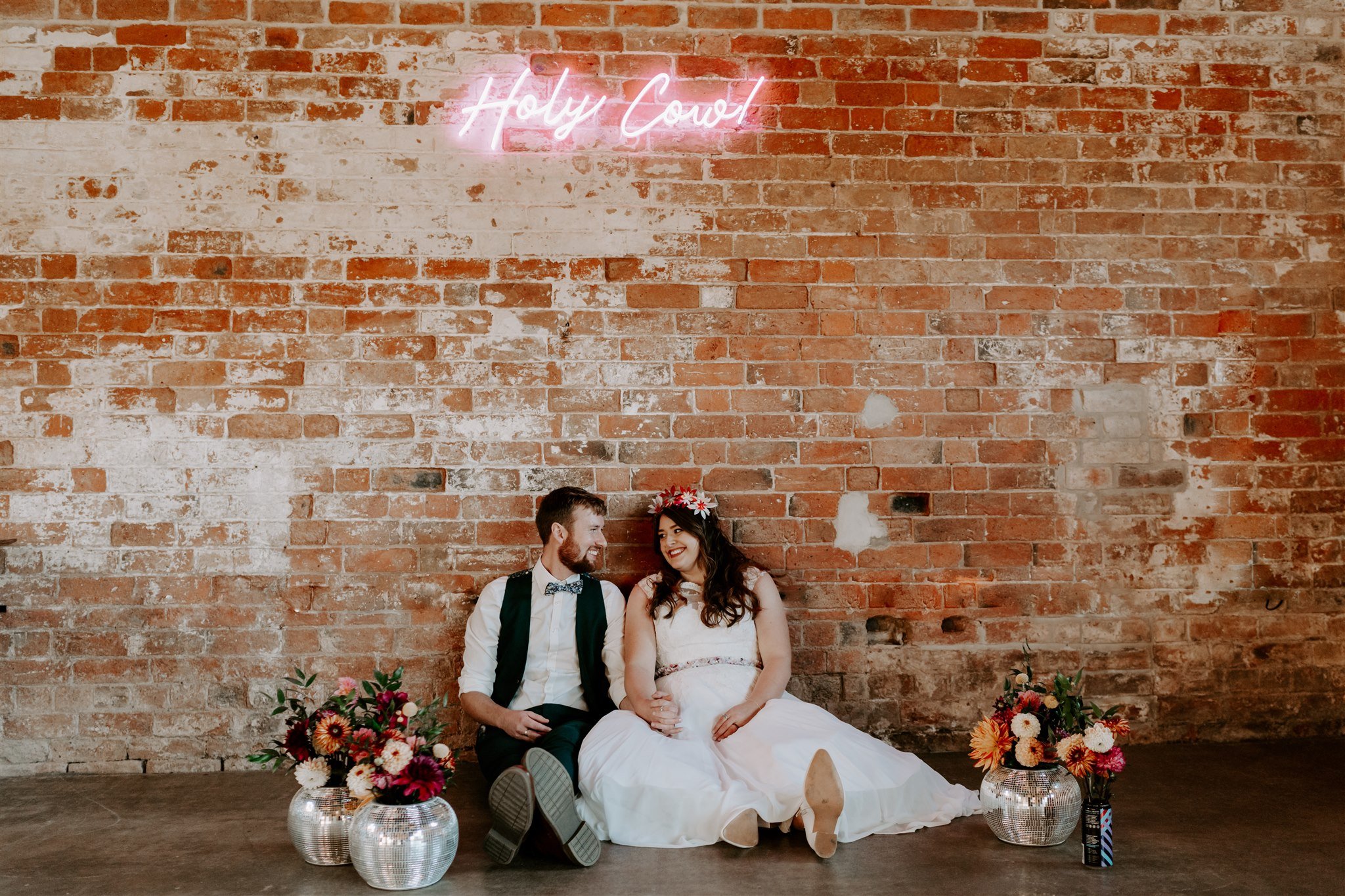 bride groom sitting neon sign Holy Cow Old Chow shed wedding leicestershire