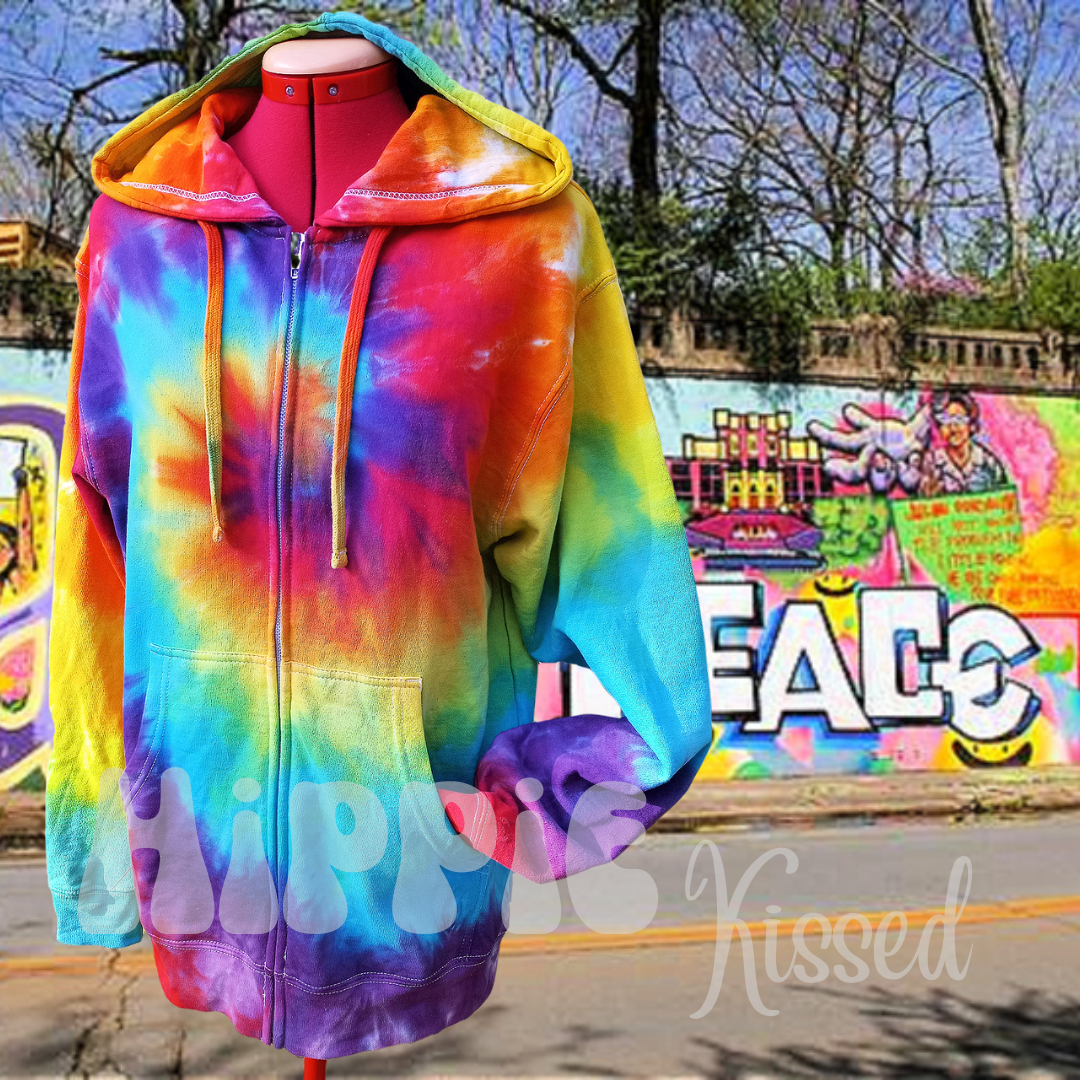 Tie Dye Zip Up Hoodie Rainbow Spiral, Made to Order — Hippie Kissed