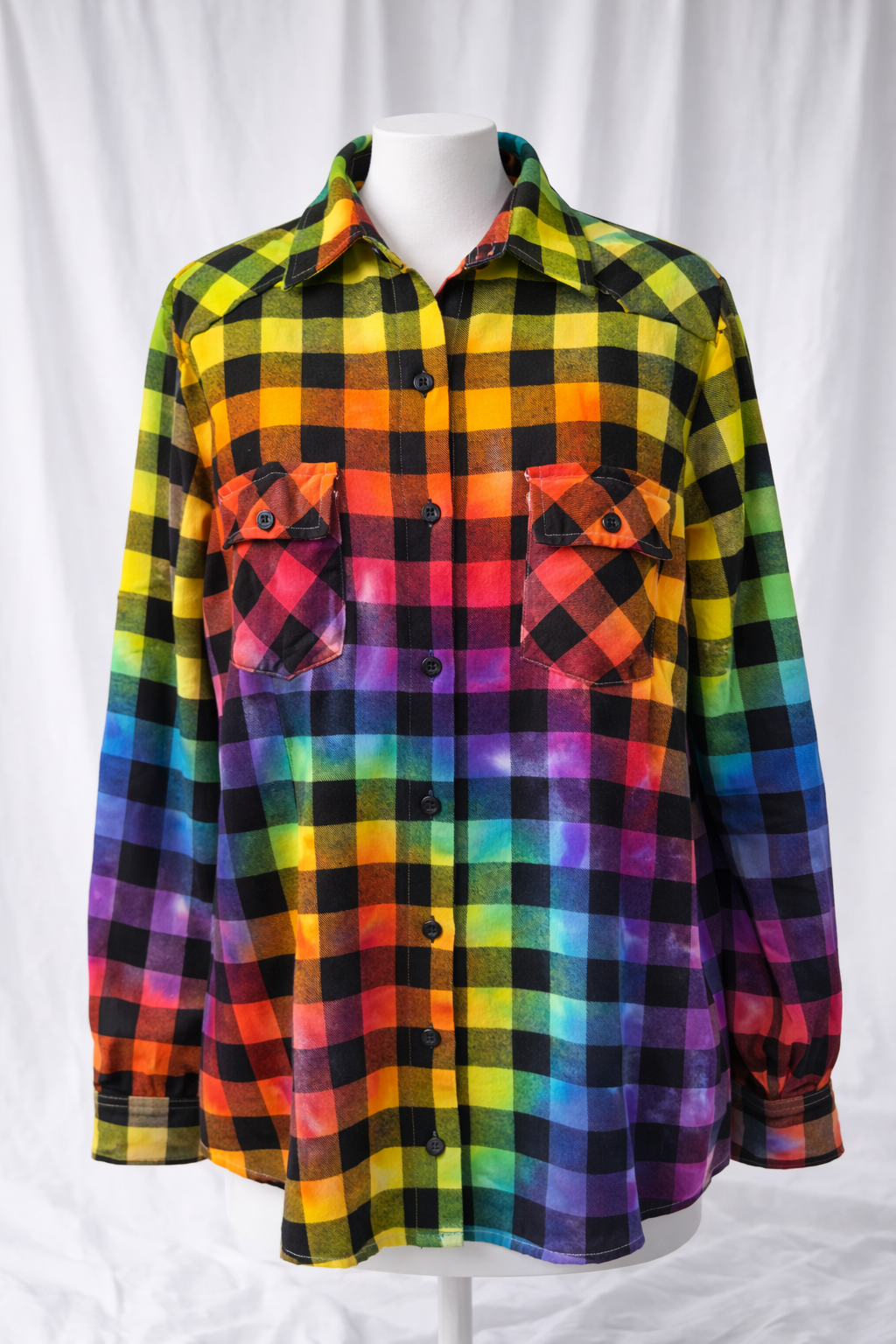 Rainbow Tie Dye Buffalo Plaid Flannel Shirt – Hand Dyed Cotton Button Up, Unisex Cozy Hippie Jacket, Made to Order