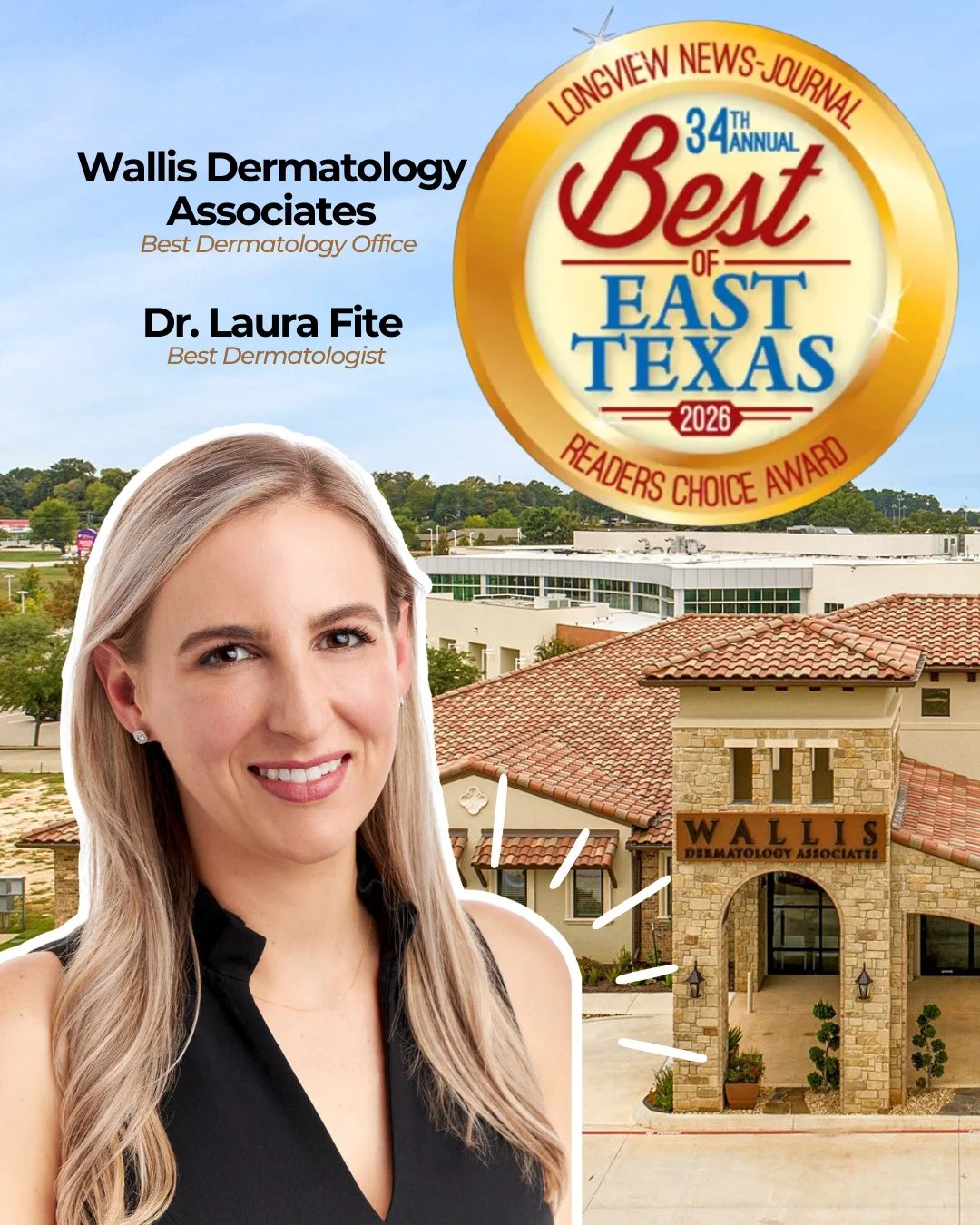 We are incredibly honored to be nominated for the 2026 Best of East Texas Awards in two categories:⁠
⁠
● Best Dermatology Office &ndash; Wallis Dermatology Associates⁠
● Best Dermatologist &ndash; Laura Fite, MD, FAAD⁠
⁠
We love caring for our East T
