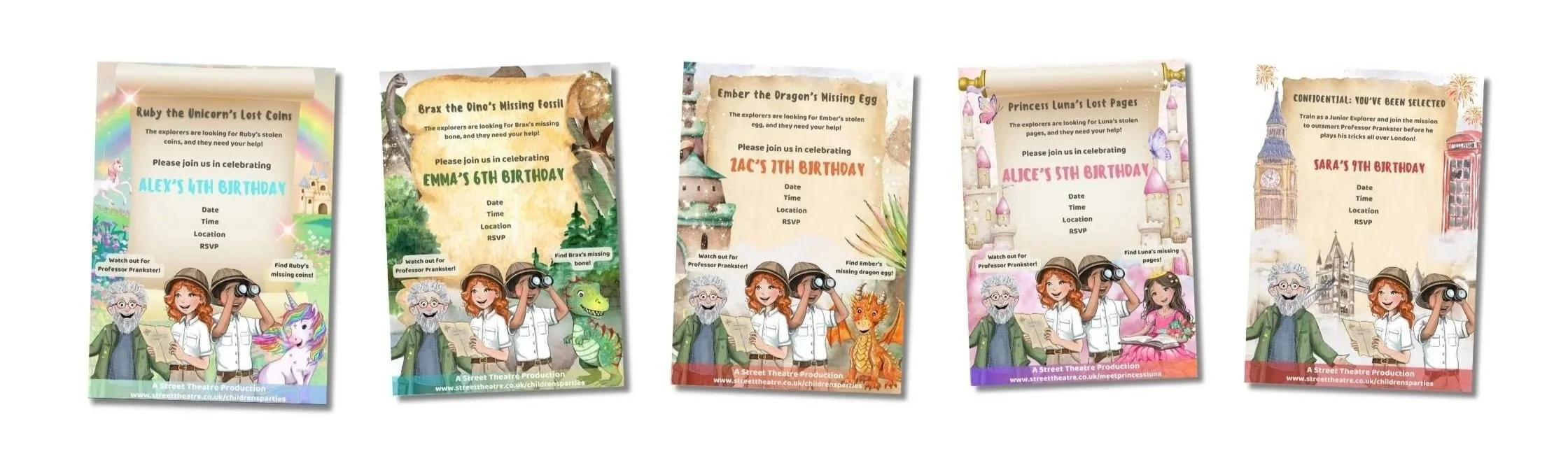 Custom London children’s party invitations for unicorn, dragon, princess, and dinosaur themes with Professor Prankster