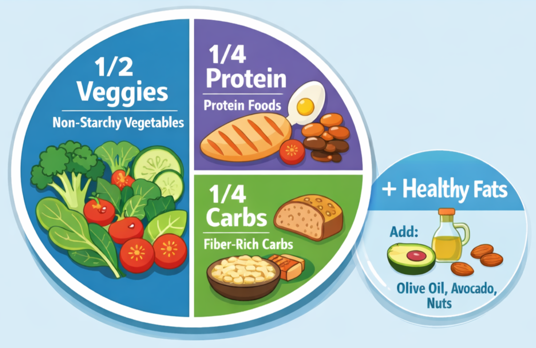 a visual of a balanced plate including protein, carbs, veggies, and healthy fats.