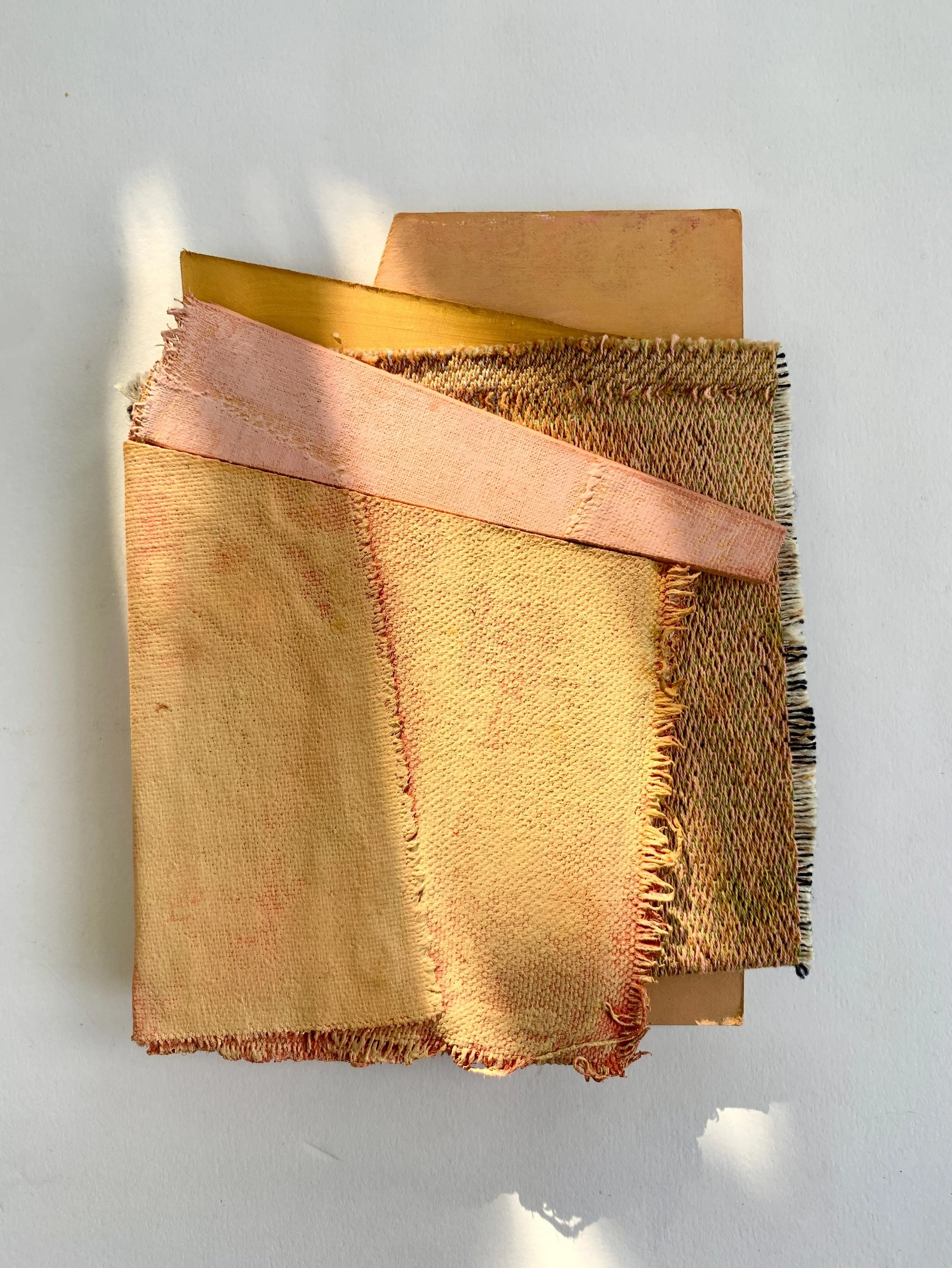 Some small collage constructions from my Warmer Lands collection. I&rsquo;m enjoying seeing them in the sun today with their shadows. 

Each one is approximately 13 x 17 cm. 
Canvas, acrylic, MDF, repurposed fabric and card. 

You can see them along 