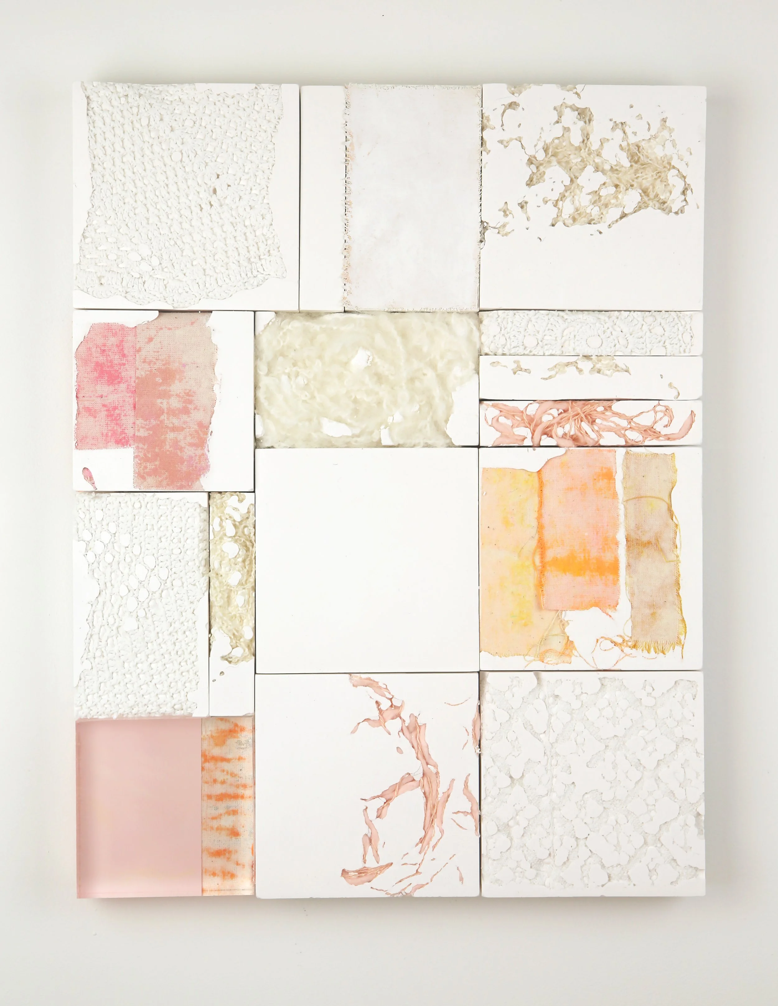 Worn Stillness: plaster, yarn, calico, acrylic, repurposed crochet, Perspex. 28x36cm