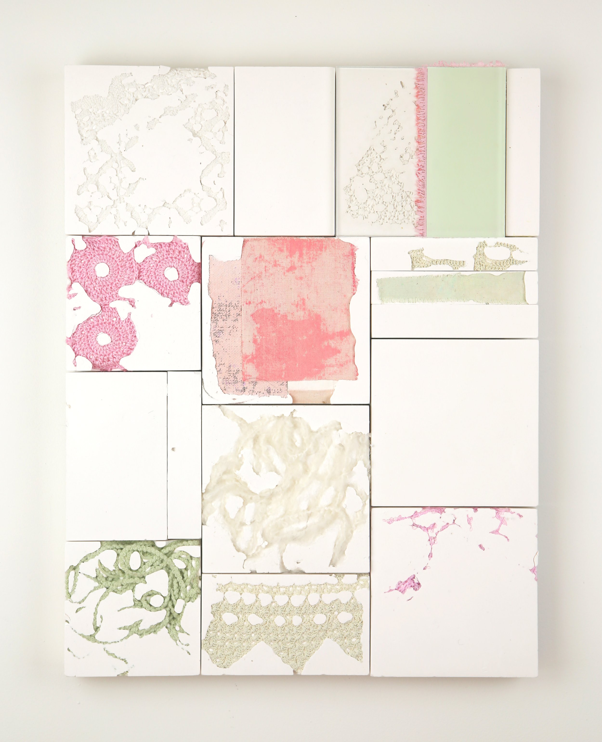 Almost Known: plaster, yarn, calico, acrylic, repurposed crochet, Perspex. 28x36cm