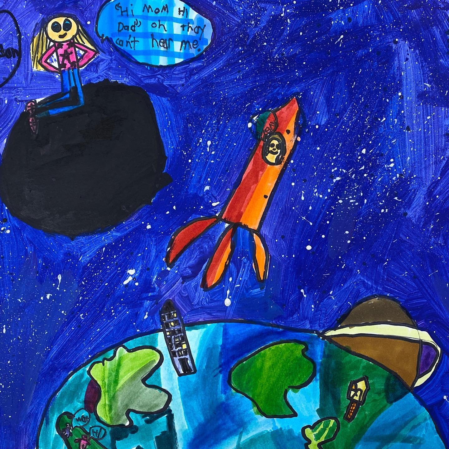 &ldquo;The Earth is&hellip; just the beginning,&rdquo; mixed media painting by a first grader