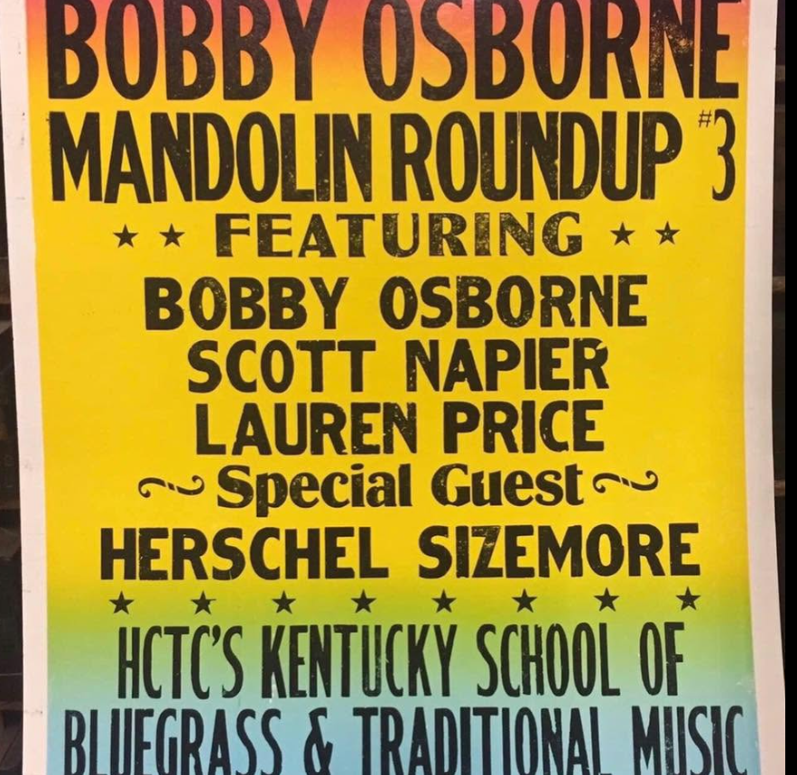 A poster advertising a mandolin roundup event featuring Bobby Osborne, Scott Napier, Lauren Price, and special guest Herschel Sizemore, organized by HCTC's Kentucky School of Bluegrass & Traditional Music.