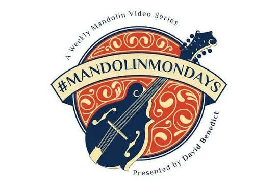 Logo for Mandolin Mondays, showing a mandolin with a decorative background, with text indicating it's a weekly series presented by David Benedict.
