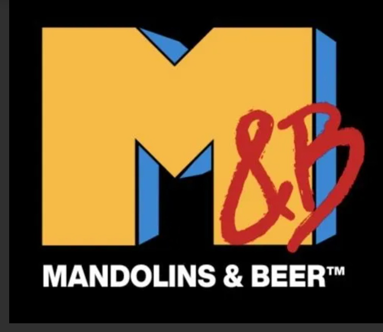 Logo with a large yellow letter M with blue shadowing, red handwritten ampersand and B, and the words "MANDOLINS & BEER" in white below.
