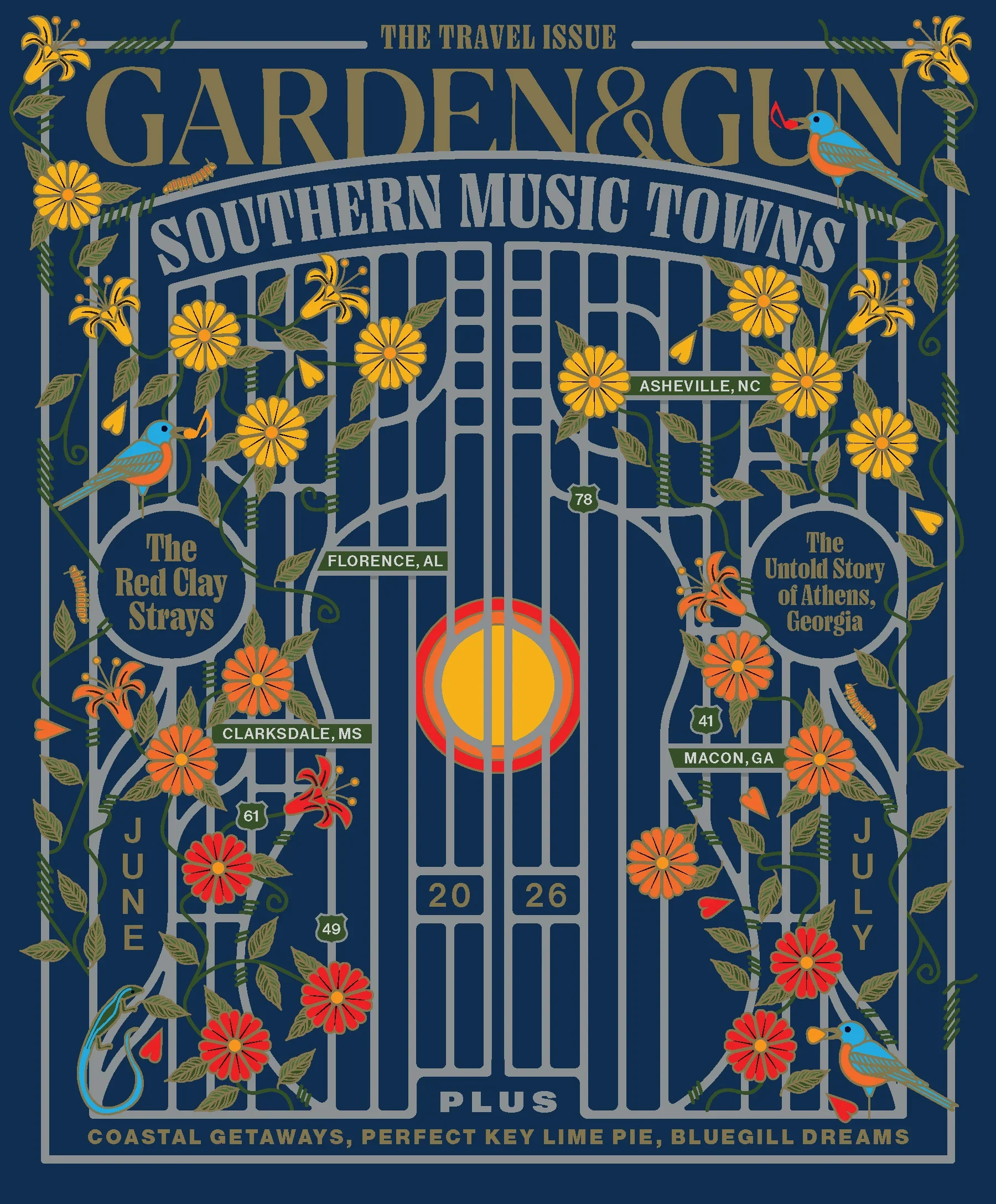 Cover of The Travel Issue of Garden & Gun magazine featuring a decorative map with yellow flowers, bluebirds, and location names in North Carolina, Alabama, Mississippi, Georgia, and Florida.