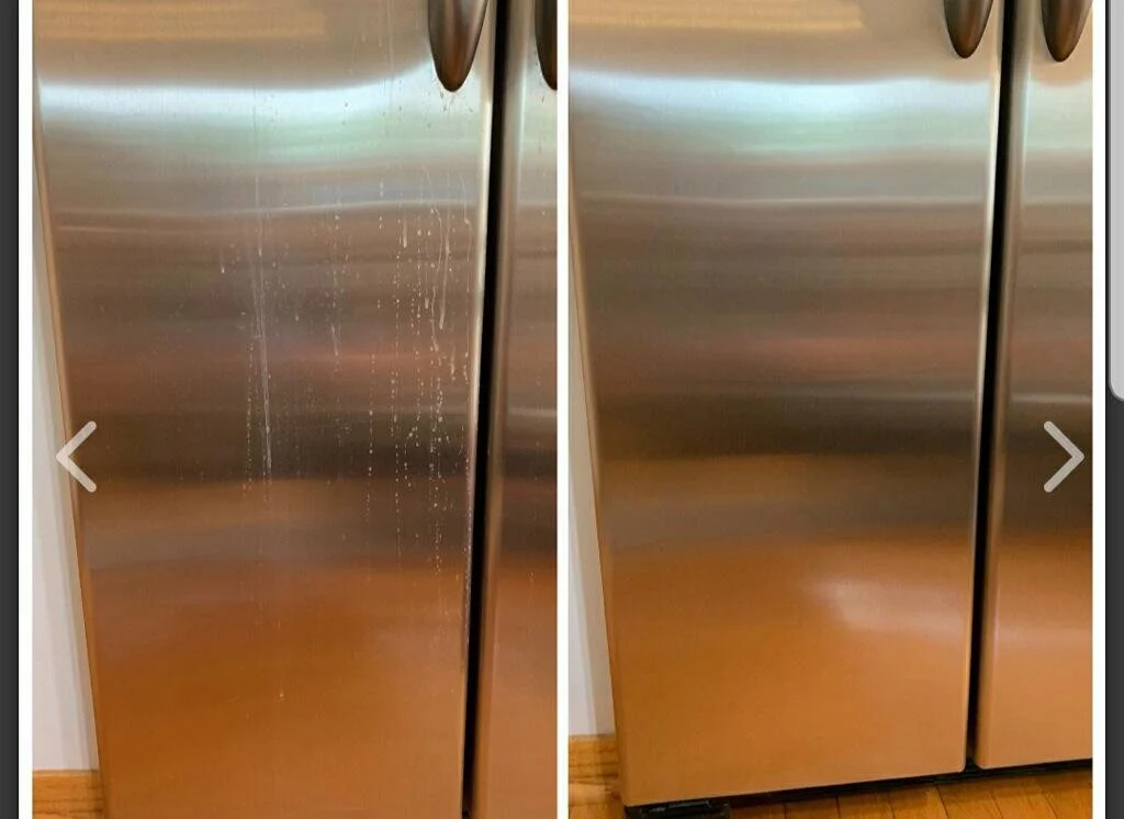 Side-by-side photos of a stainless steel refrigerator door, showing before and after cleaning. The left image shows the door with water and streaks; the right image shows the clean, streak-free door.