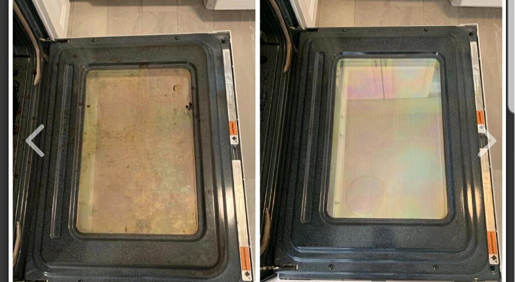 Comparison of a washing machine or dryer door, showing a dirty and a clean side.