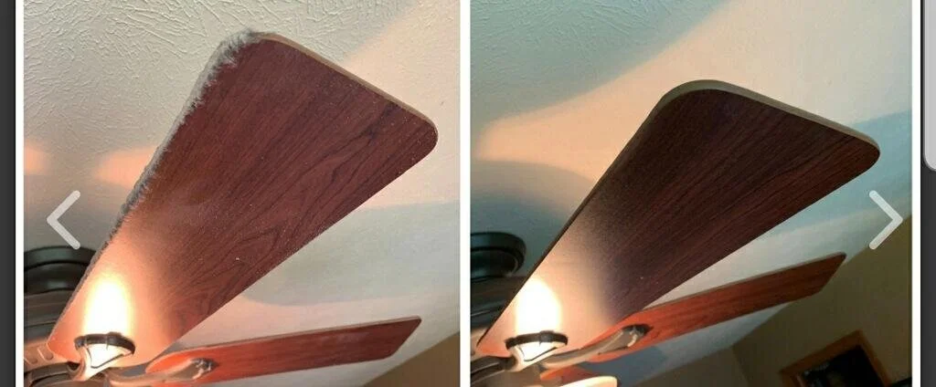 Comparison of two ceiling fans showing dust buildup on wooden fan blades