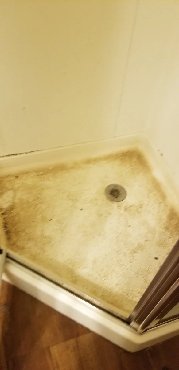 Dirty shower stall with stained floor and a drain in the center.