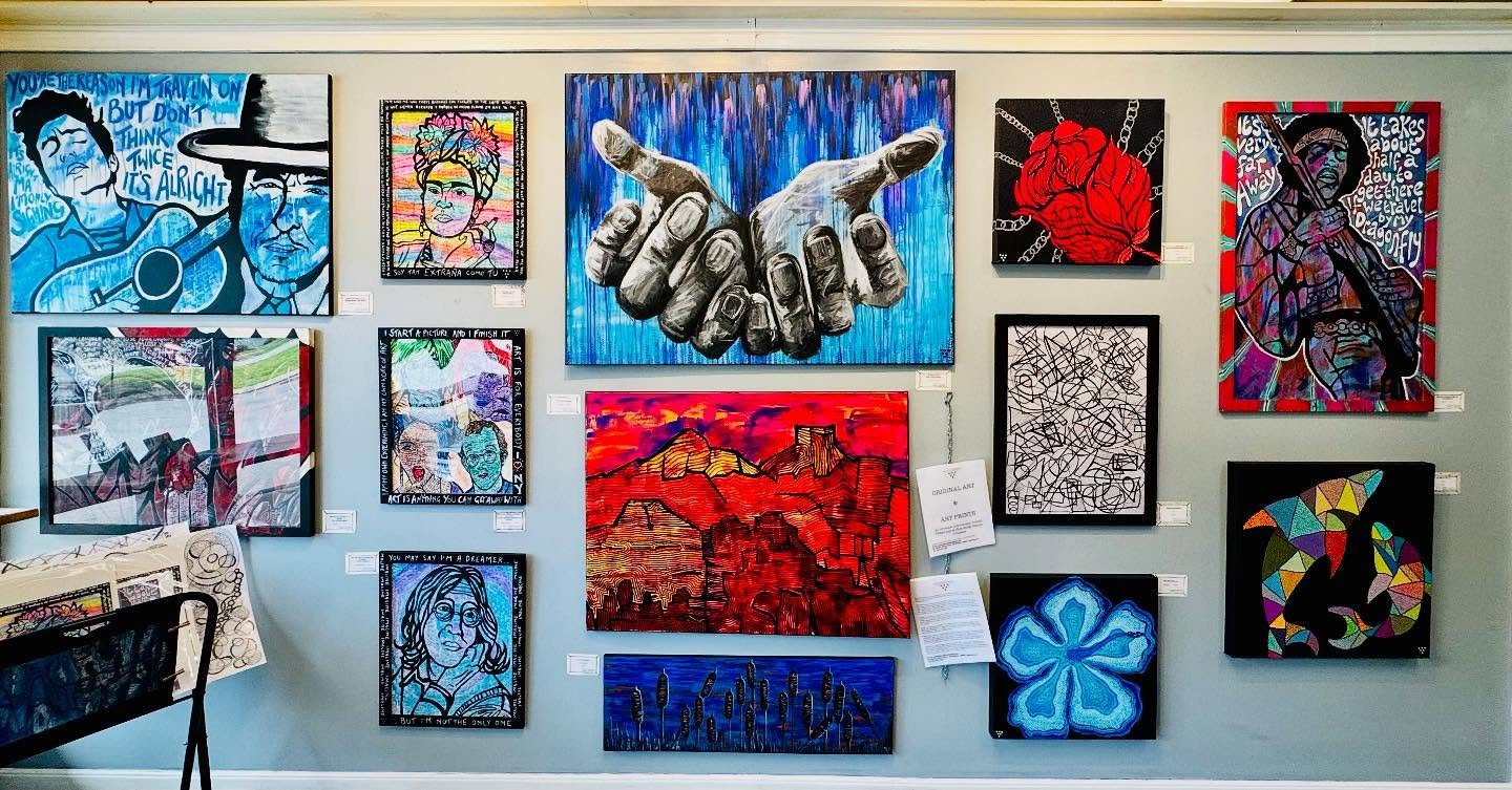 We are so excited to welcome artist Cath Branwood @artful_alternatives to our gallery wall here at Blue Ridge Biscuit Co! Hailing from Florida x Birmingham, UK, Cath brings a colourful and electric rock and roll folk art vibe to make your brunch even