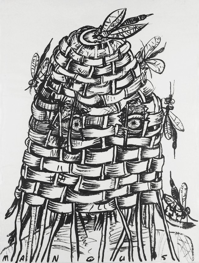 Kirk Mangus, Basket Head, 1988, ink on paper.