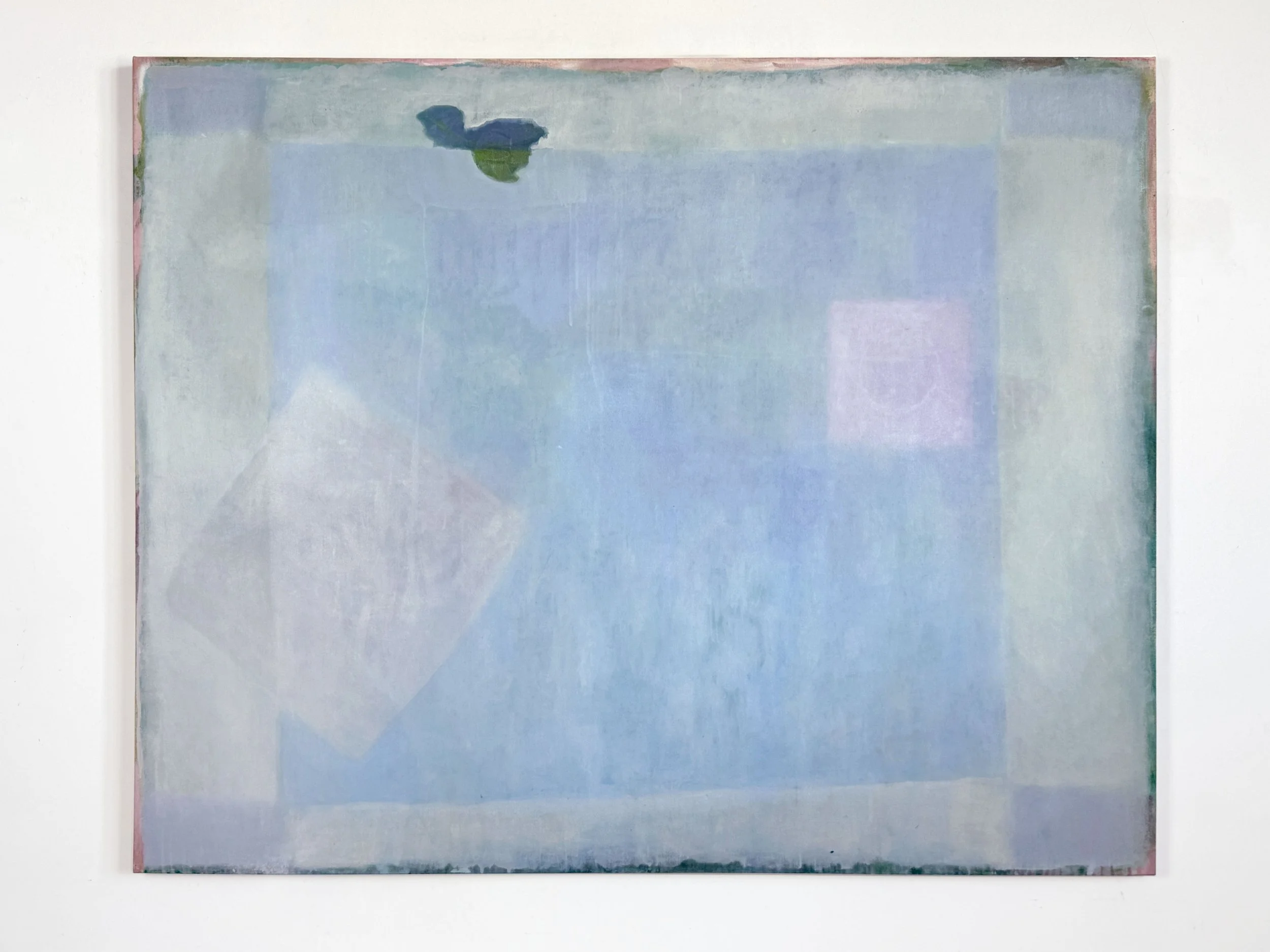 Erin Hunt,  Pearly Everlasting , 2023-2025, oil and chalk pastel on canvas, Rose Quartz and Pearly Everlasting flower essence, 48 x 60 x 1.5 inches. Courtesy of the artist. 