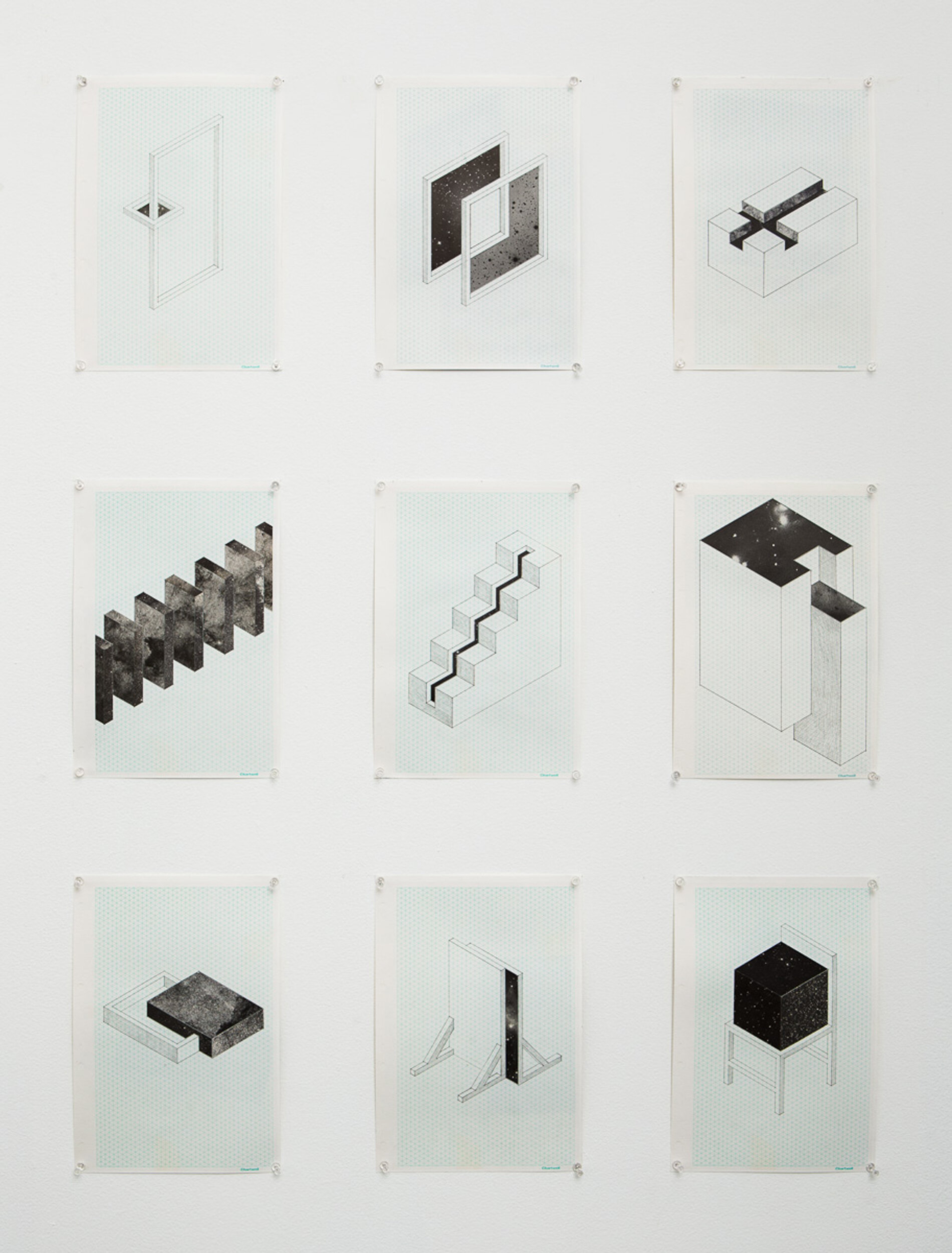  2012-2013 Collage, digital print, and graphite on paper 55 components, each 30x21cm Installation view, Contemporary Art Centre of South Australia Photograph by James Field    Isometric drawings of various structures and apertures are interspersed wi