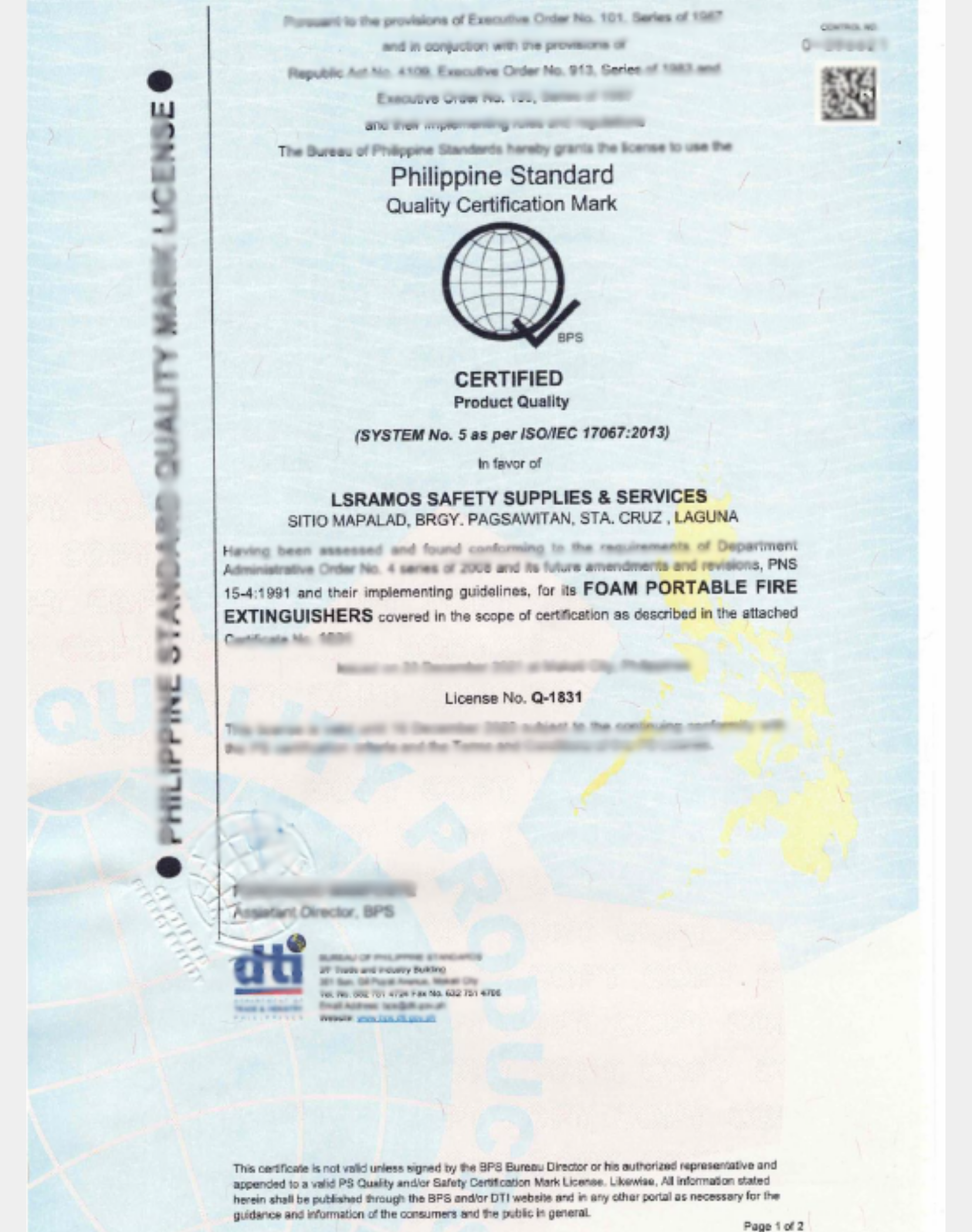 A certification document from the Bureau of Philippine Standards, indicating a Philippine Standard Quality Certification Mark for a product or service. The document includes a global symbol with a checkmark, a QR code, and official signatures, with some visible location details at Sitio Mapalad, Brgy. Pagsawitan, Sta. Cruz, Laguna.
