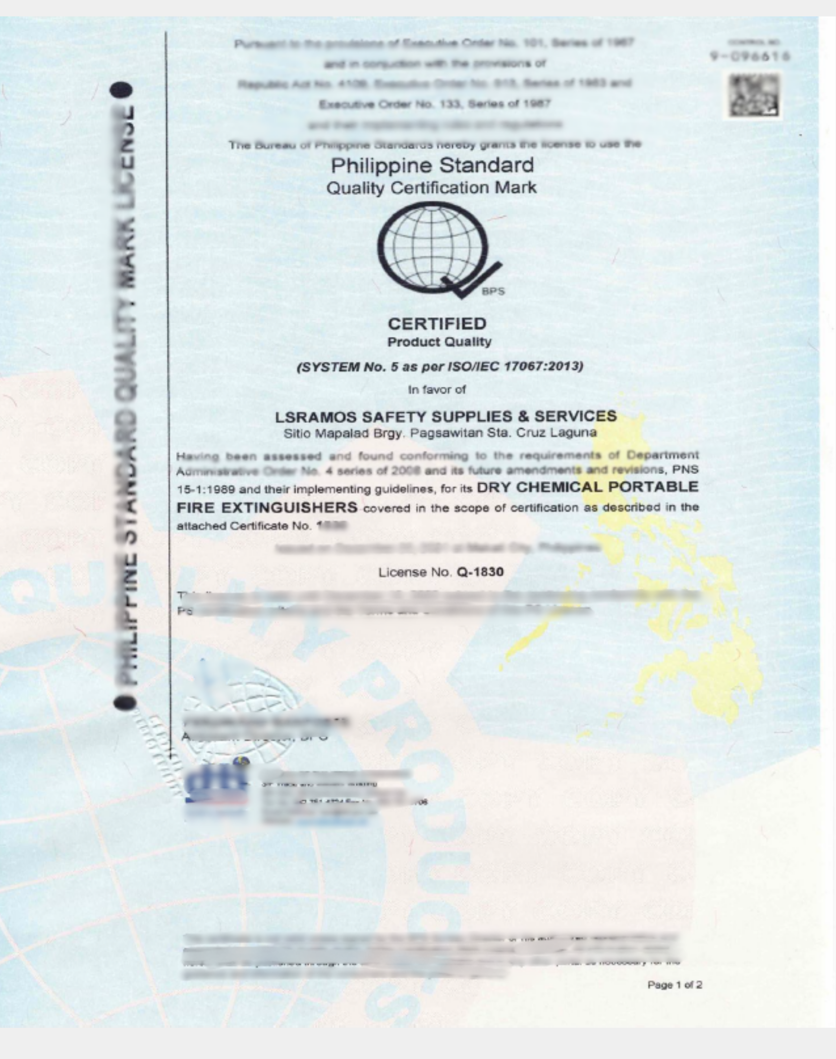 A certificate titled 'Philippine Standard Quality Certification Mark' with a globe logo, some blurred text, and a QR code in the upper right corner, issued to LS RAMOS SAFETY SUPPLIES & SERVICES.