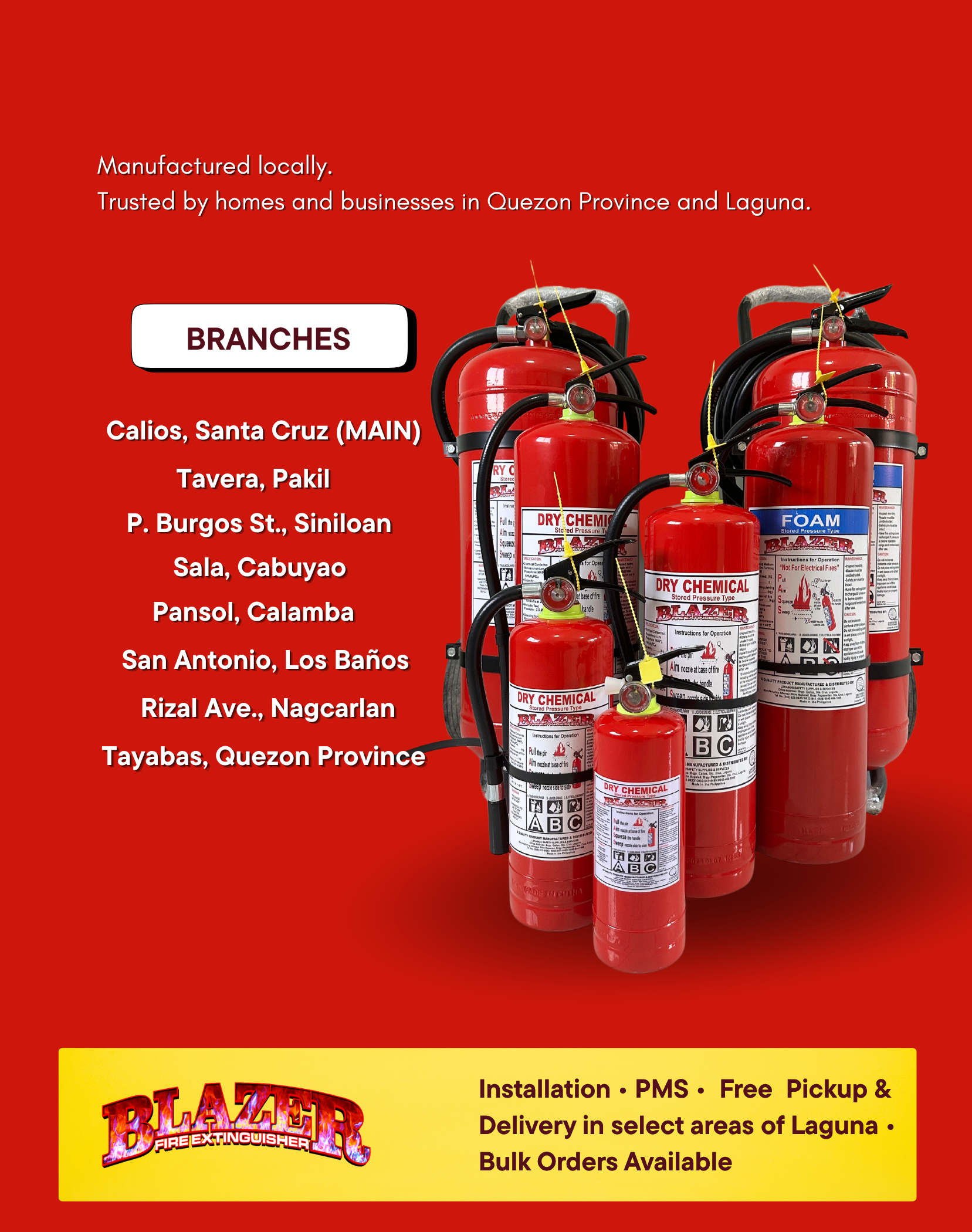 Red background with fire extinguishers on the right side and text promoting Blaze Fire Extinguisher services and products, including branches, installation, free pickup and delivery in select areas of Laguna, and bulk orders.