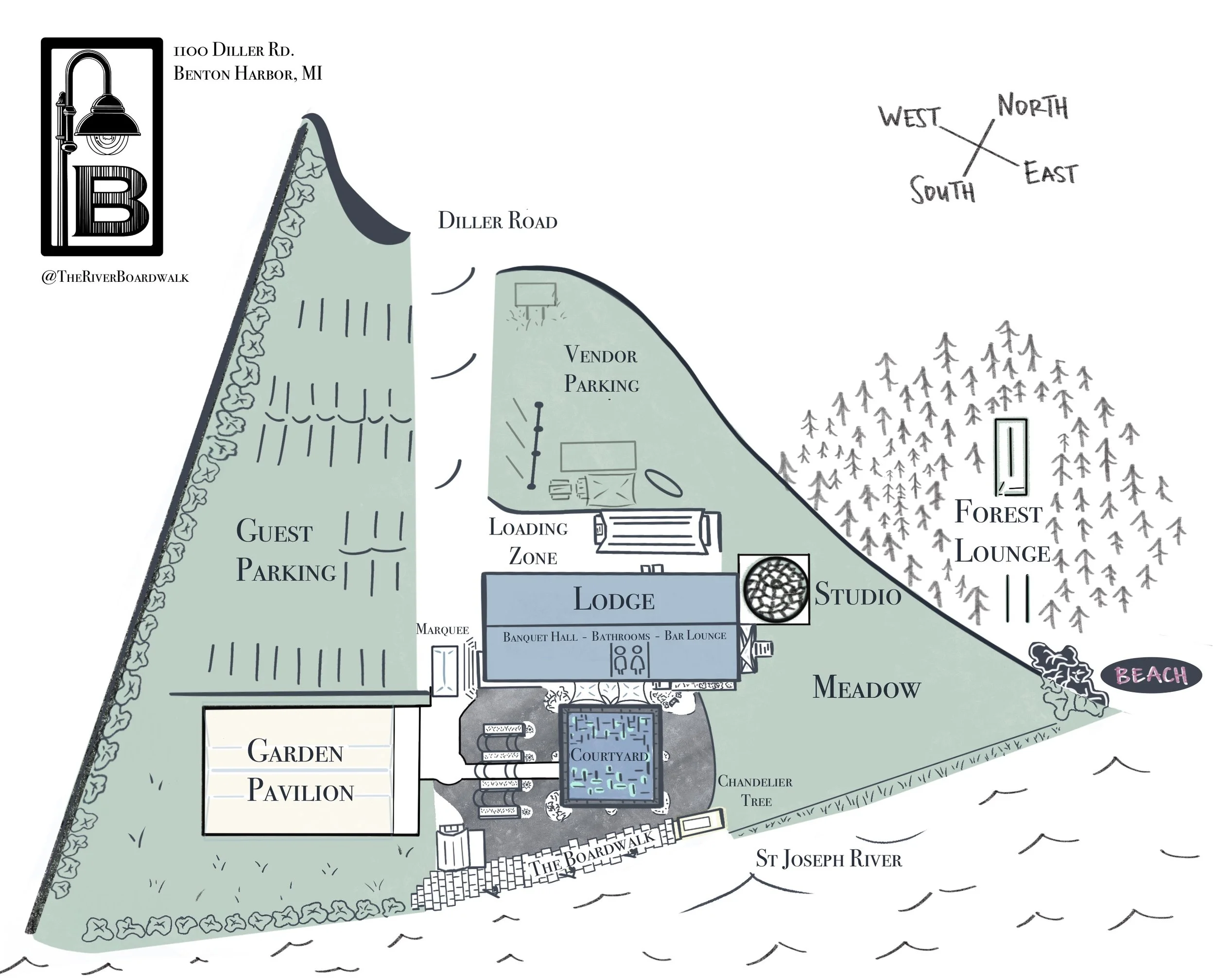 The Boardwalk Riverfront Wedding and Event Venue Site Map Southwest Michigan Waterfront Nature Destination Venue Garden Party Meadow Forest Air Conditioning Courtyard Chandelier Tree