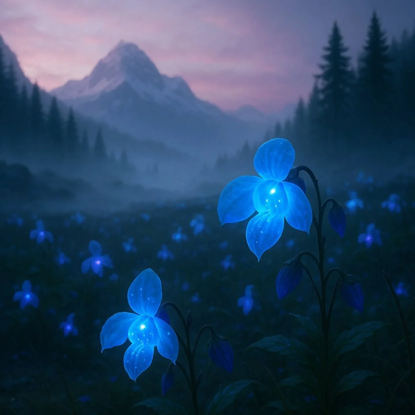 The Shafaq Bloom
A spectral wildflower of Kashmir, and a close kin to the Himalayan Balsam. Its petals are blue under peace &mdash; but shift to deep violet when exposed to high-frequency vibrations in the environment.

Scientists call it a bioacoust