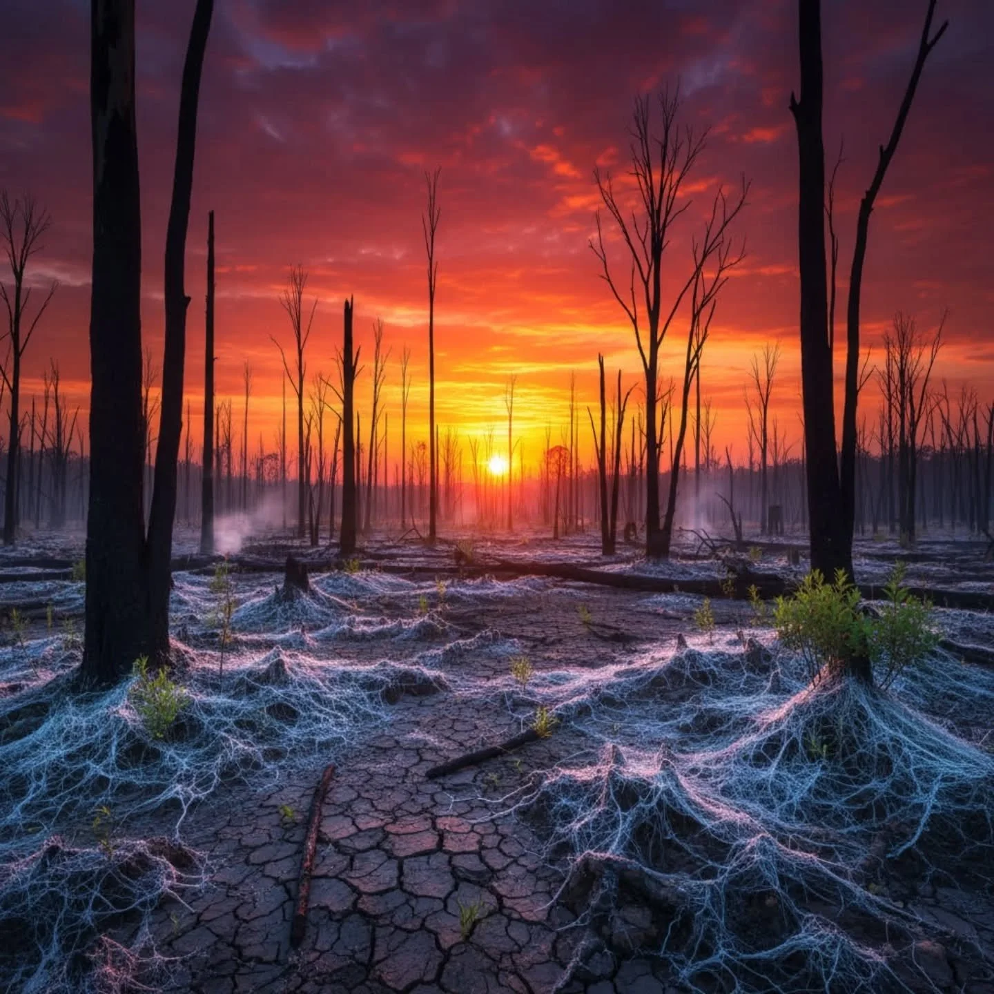 BotanicFables // Entry #PYRO-01

Common Name: Phoenix Mycelium / Ash-veil Network/Yirra-ba Wangan
Scientific Name:Pyrophilus australis (Fire-loving southern network)
Location:Fire-ravaged Eucalyptus forests of Australia, 2019 onward.

After the Black