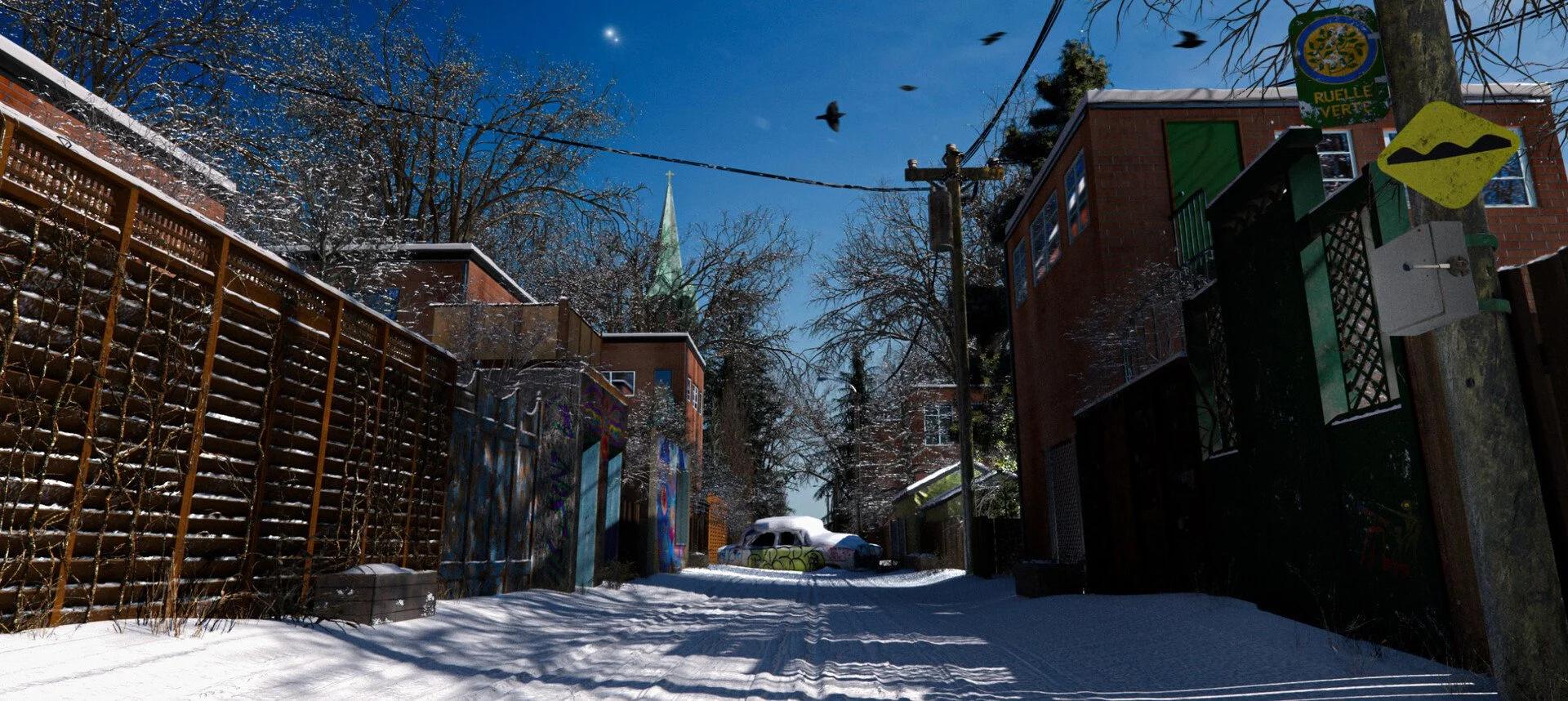 A Quiet Afternoon.
'Ruelle Verte' or green alleys in Montreal are just as pleasing to walk into on a bright winter morning as they are in the summers! Here is a winter afternoon scene from my neighborhood rendered in Clarisse.
