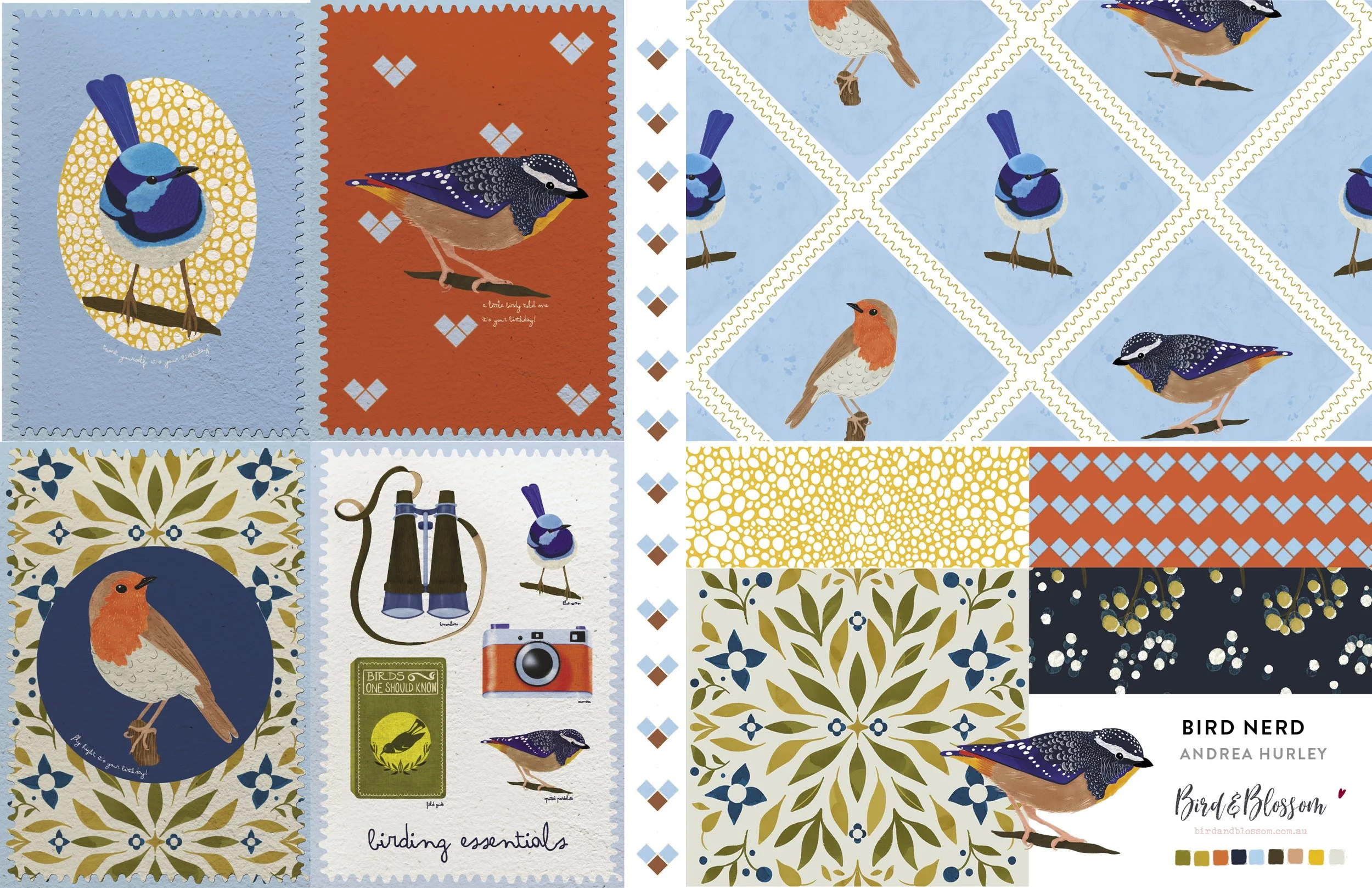 A collection of bird-themed illustrations and patterns. Includes colorful bird drawings, decorative backgrounds, a camera, binoculars, and a book titled 'Birds One Should Know,' with the title 'Bird Nerd' and the author Andrea Hurley.