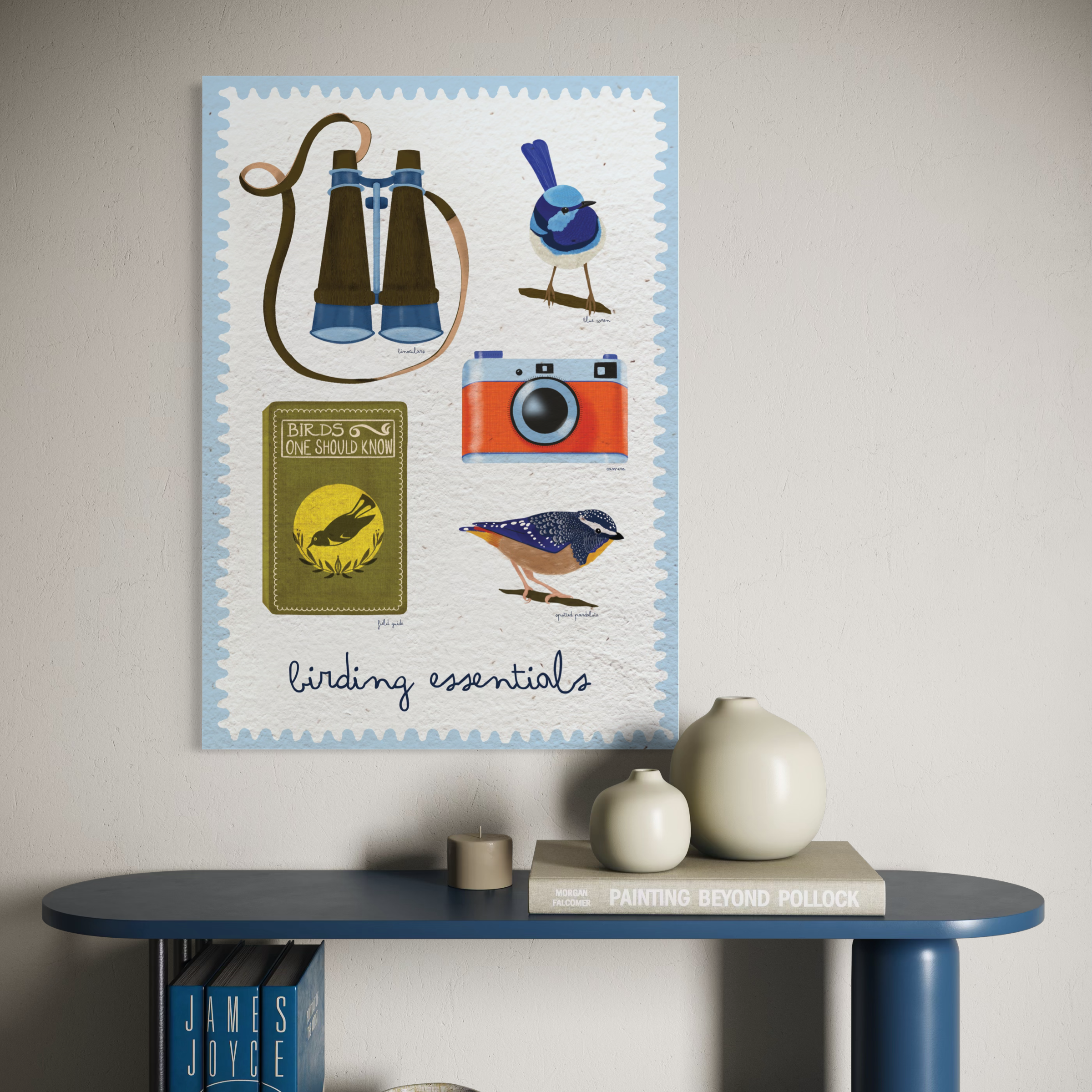 Poster titled "birding essentials" with illustrations of binoculars, a blue bird on a branch, a camera, a card with a bird and the text "birds one should know," and a small bird, all on a blue and white border.